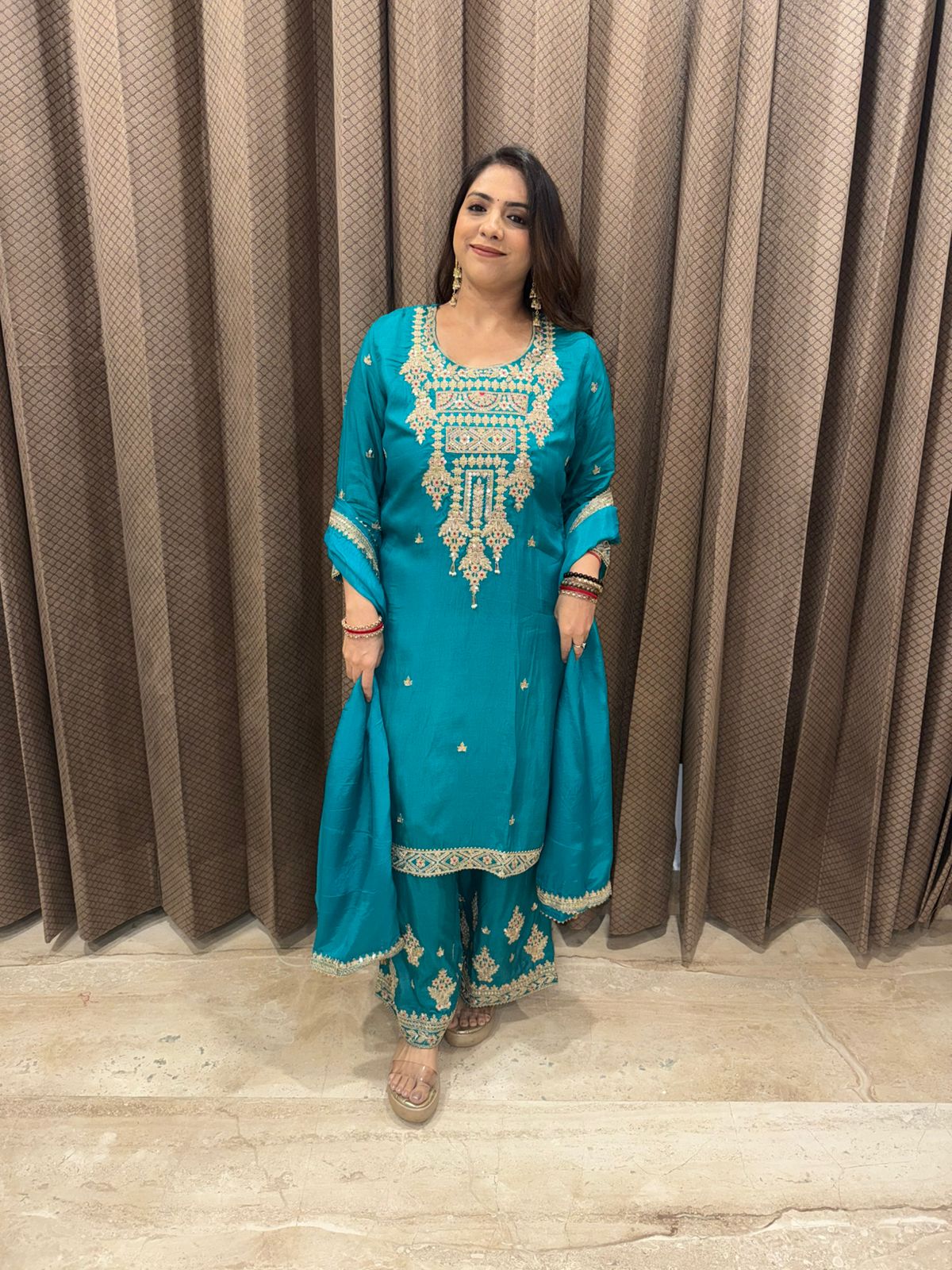 Rama Green Embroidered Kurta Set with Dupatta and Palazzo Pants