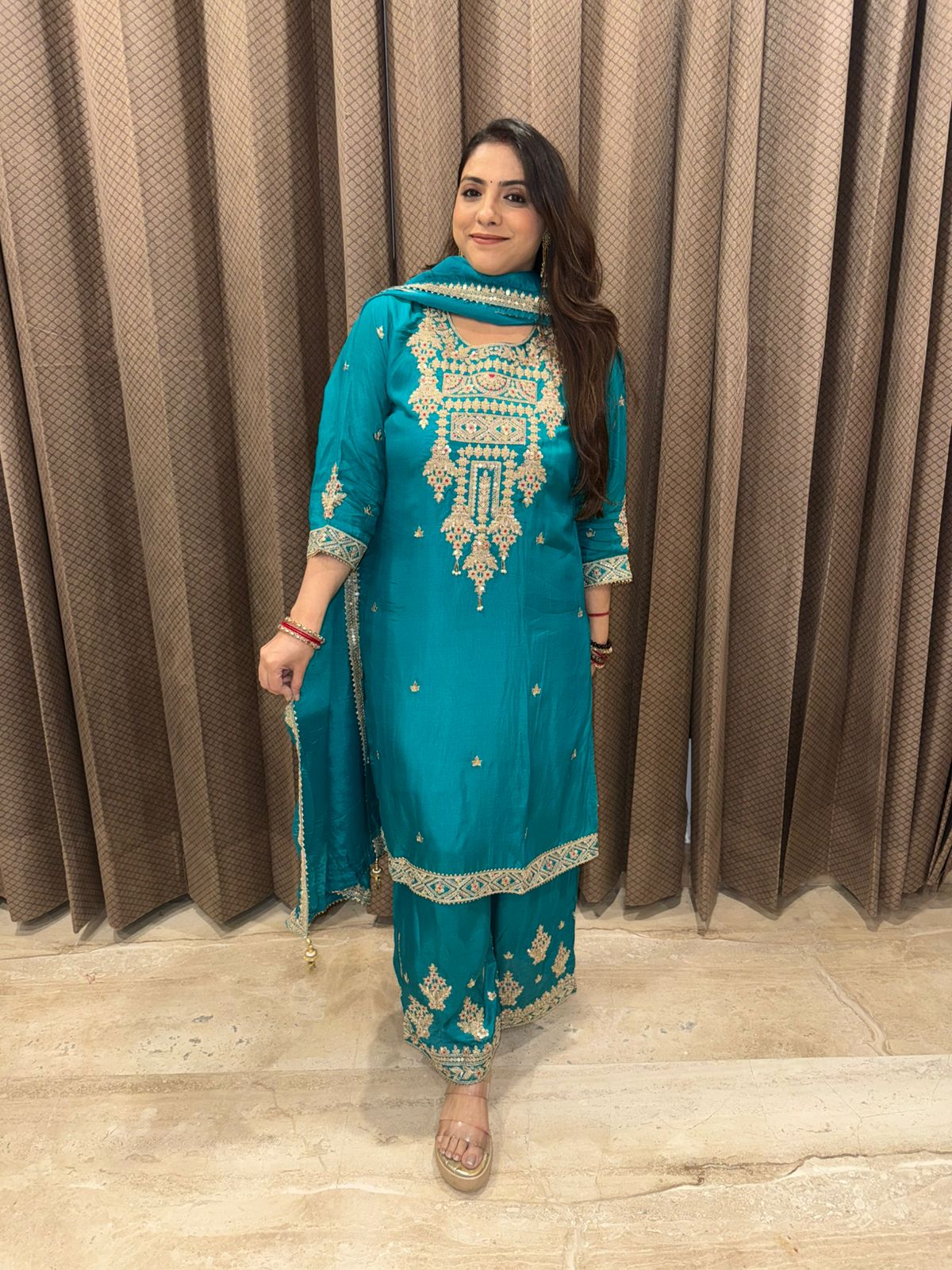 Rama Green Embroidered Kurta Set with Dupatta and Palazzo Pants