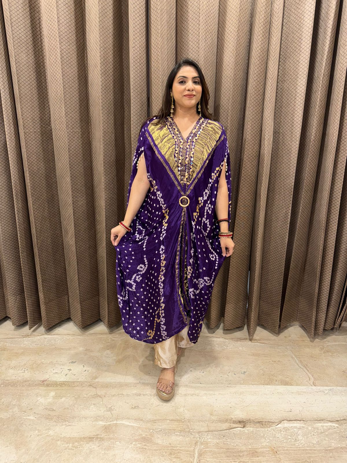 Purple and Mustard Bandhej Kaftan Set with Mirror Detailing