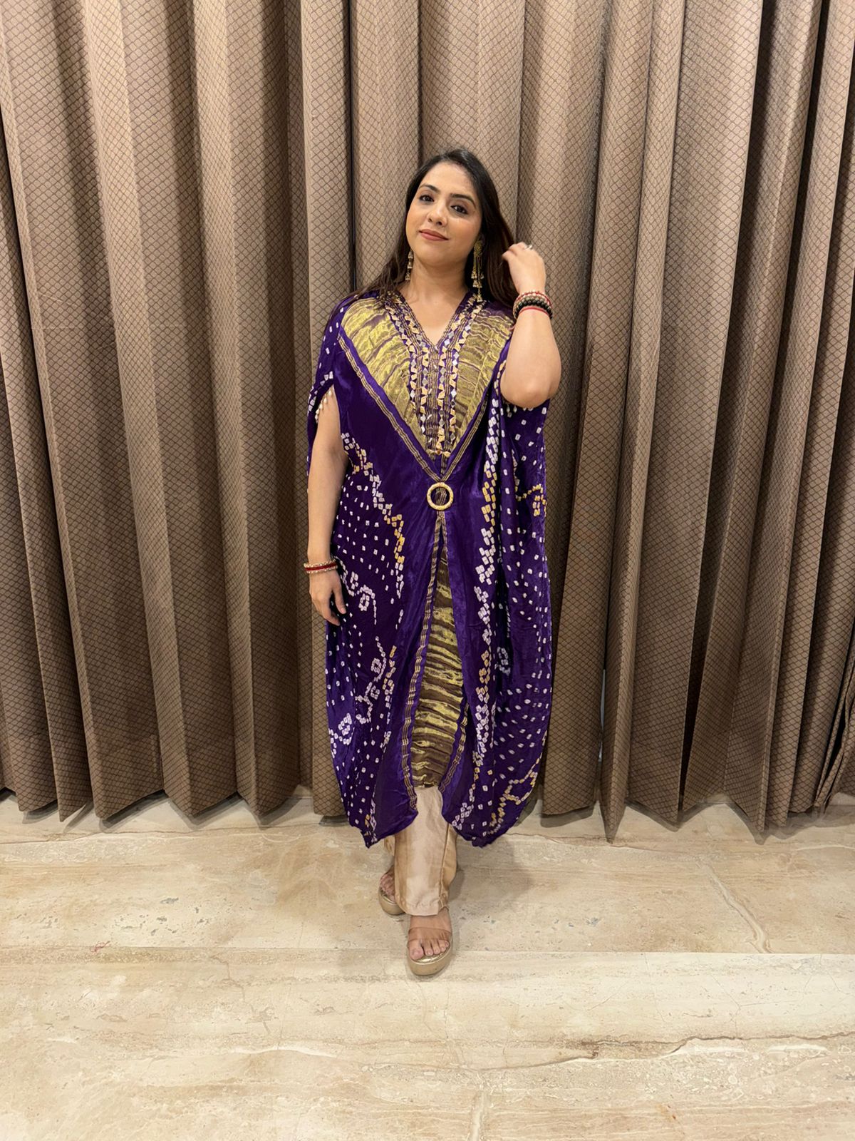Purple and Mustard Bandhej Kaftan Set with Mirror Detailing