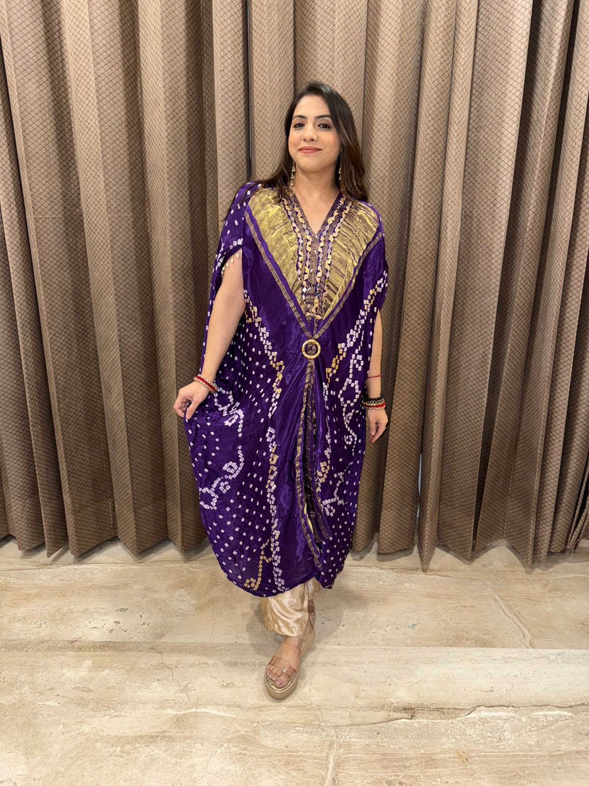 Purple and Mustard Bandhej Kaftan Set with Mirror Detailing