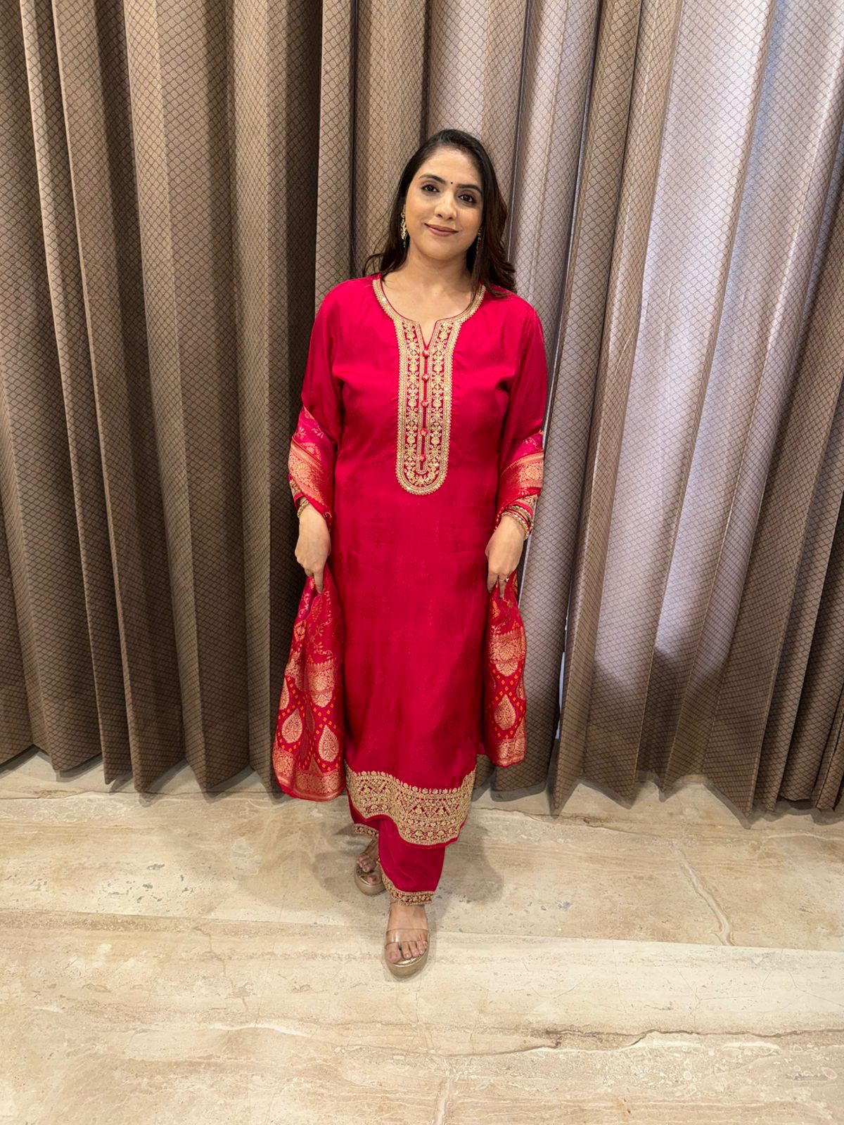 Red Embroidered Silk Suit Set with Banarasi Dupatta