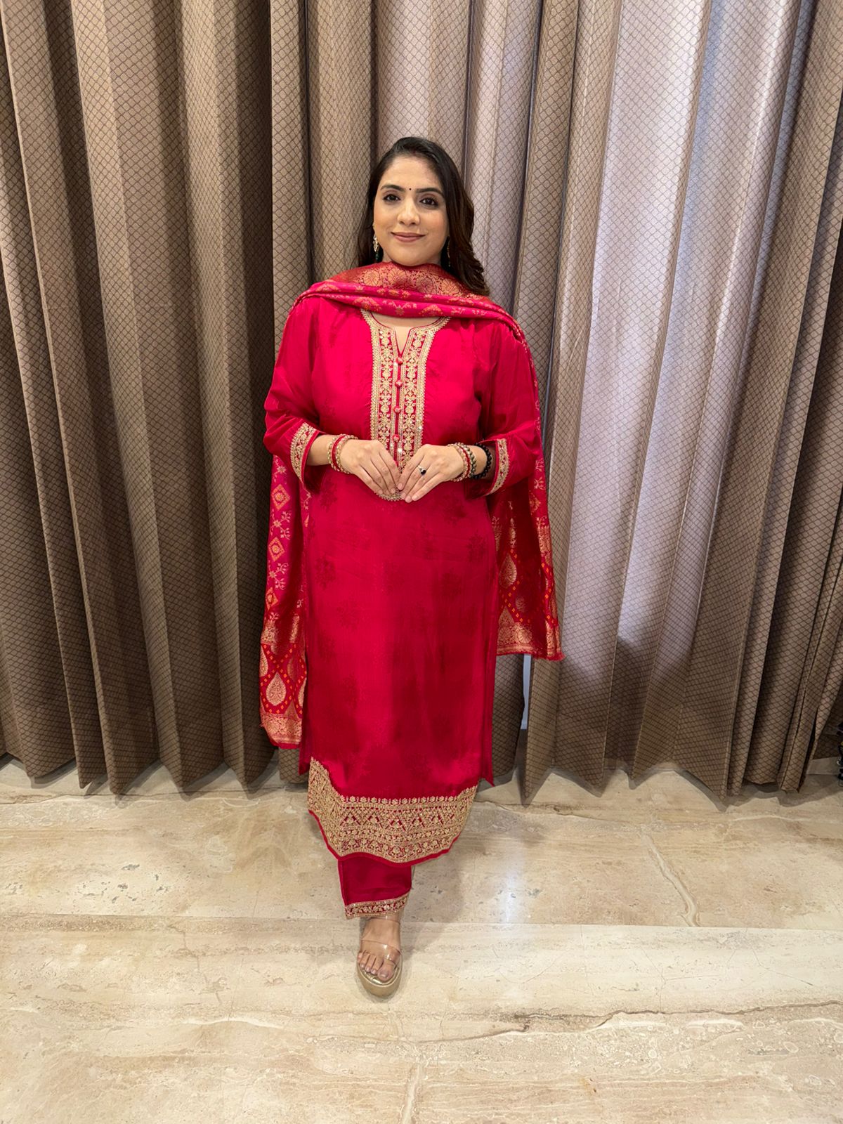 Red Embroidered Silk Suit Set with Banarasi Dupatta