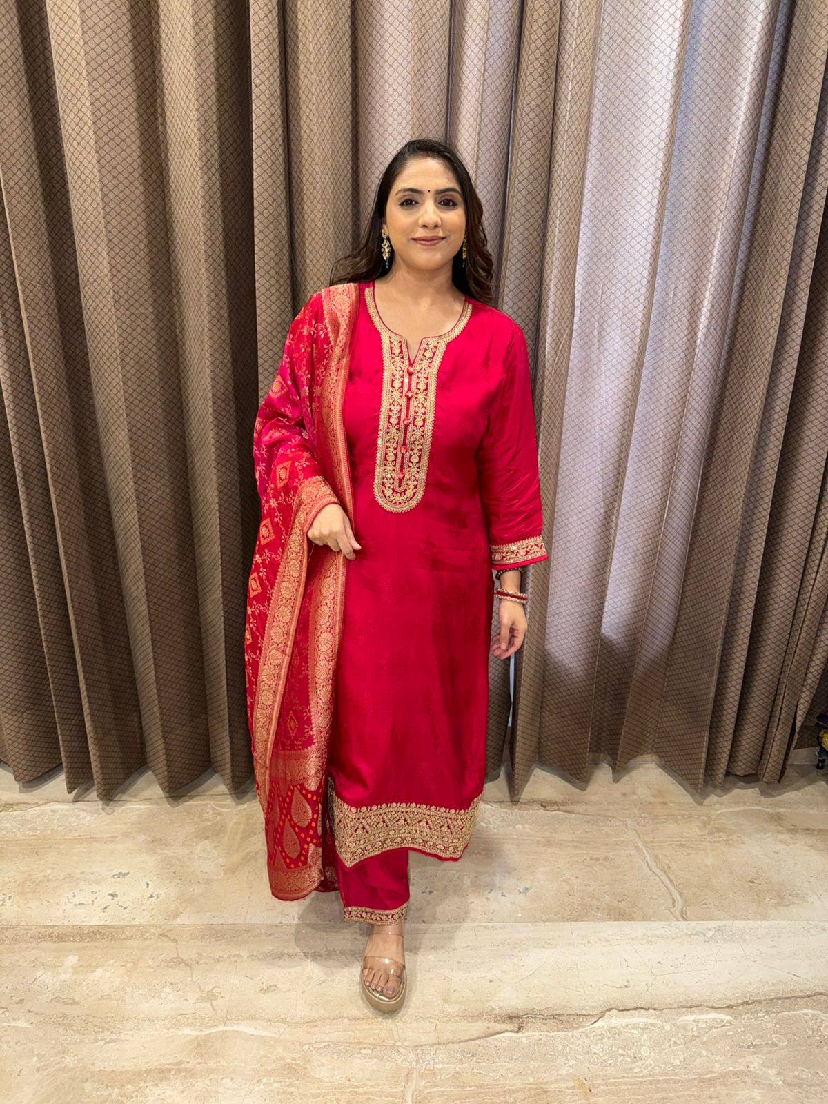 Red Embroidered Silk Suit Set with Banarasi Dupatta