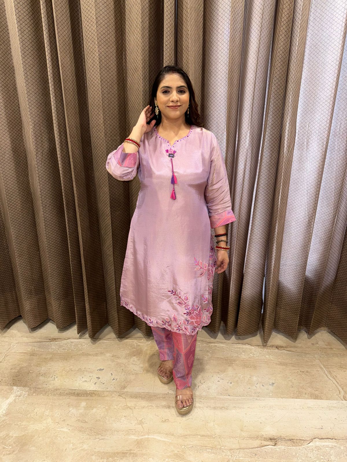 Lilac Embroidered Kurta Set with Tassel Detailing