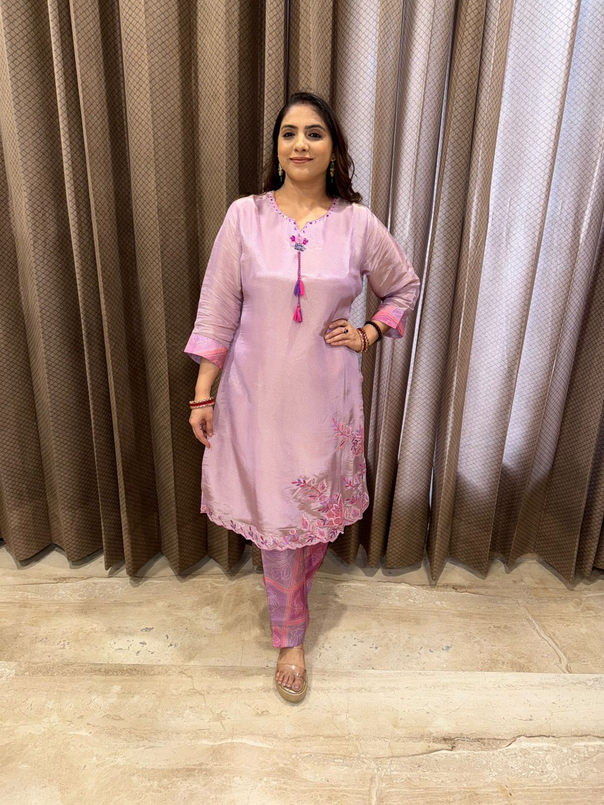 Lilac Embroidered Kurta Set with Tassel Detailing