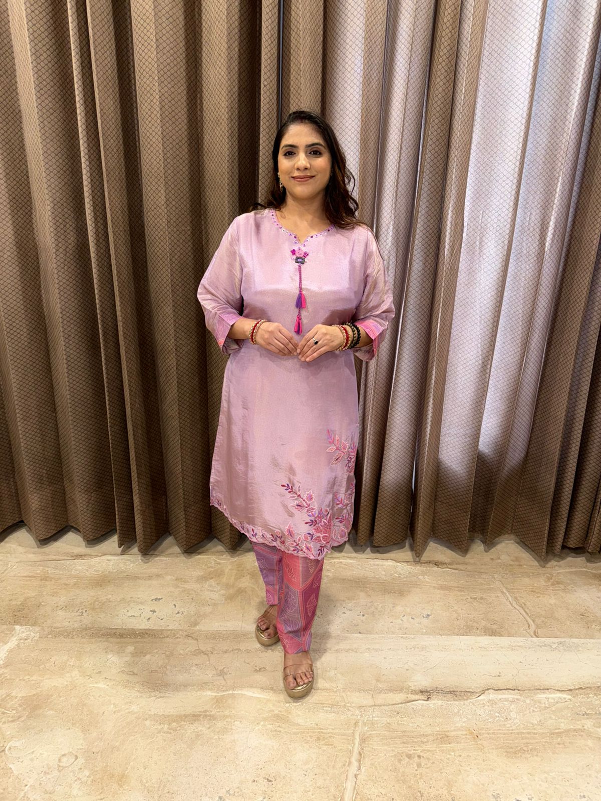 Lilac Embroidered Kurta Set with Tassel Detailing