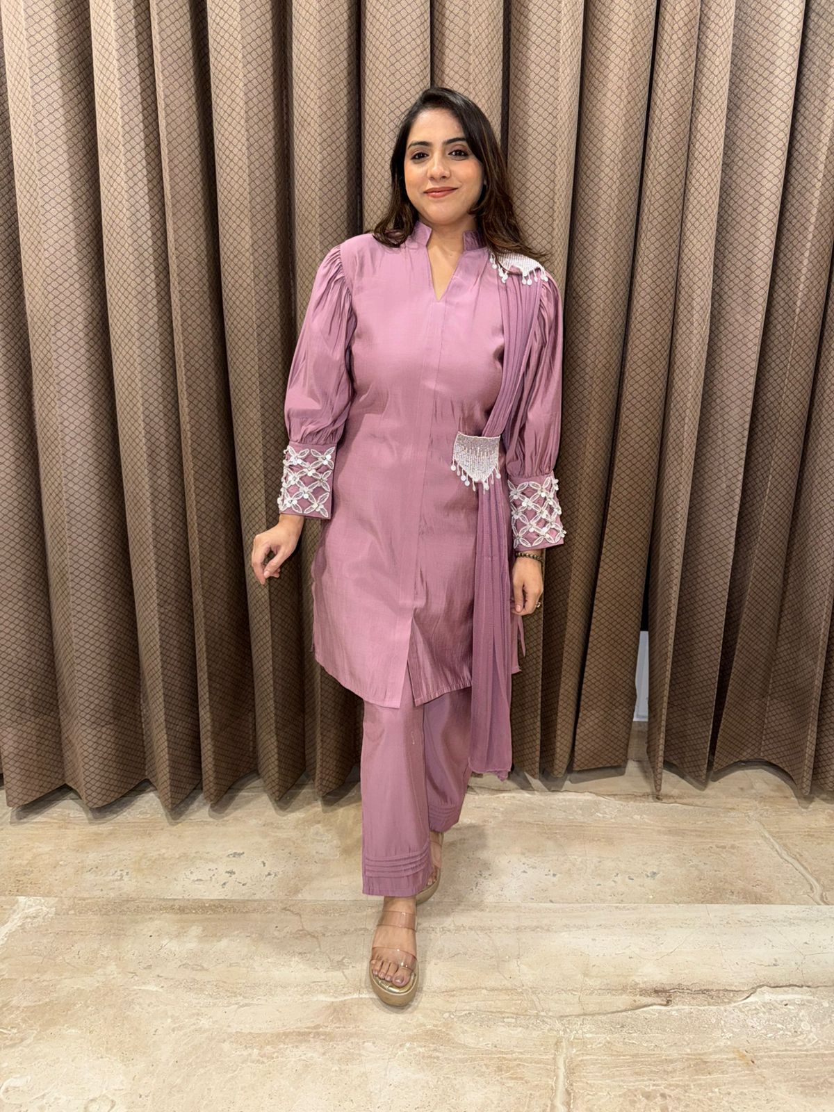 Mauve Co-ord Set with Embroidered Sleeves and Dupatta