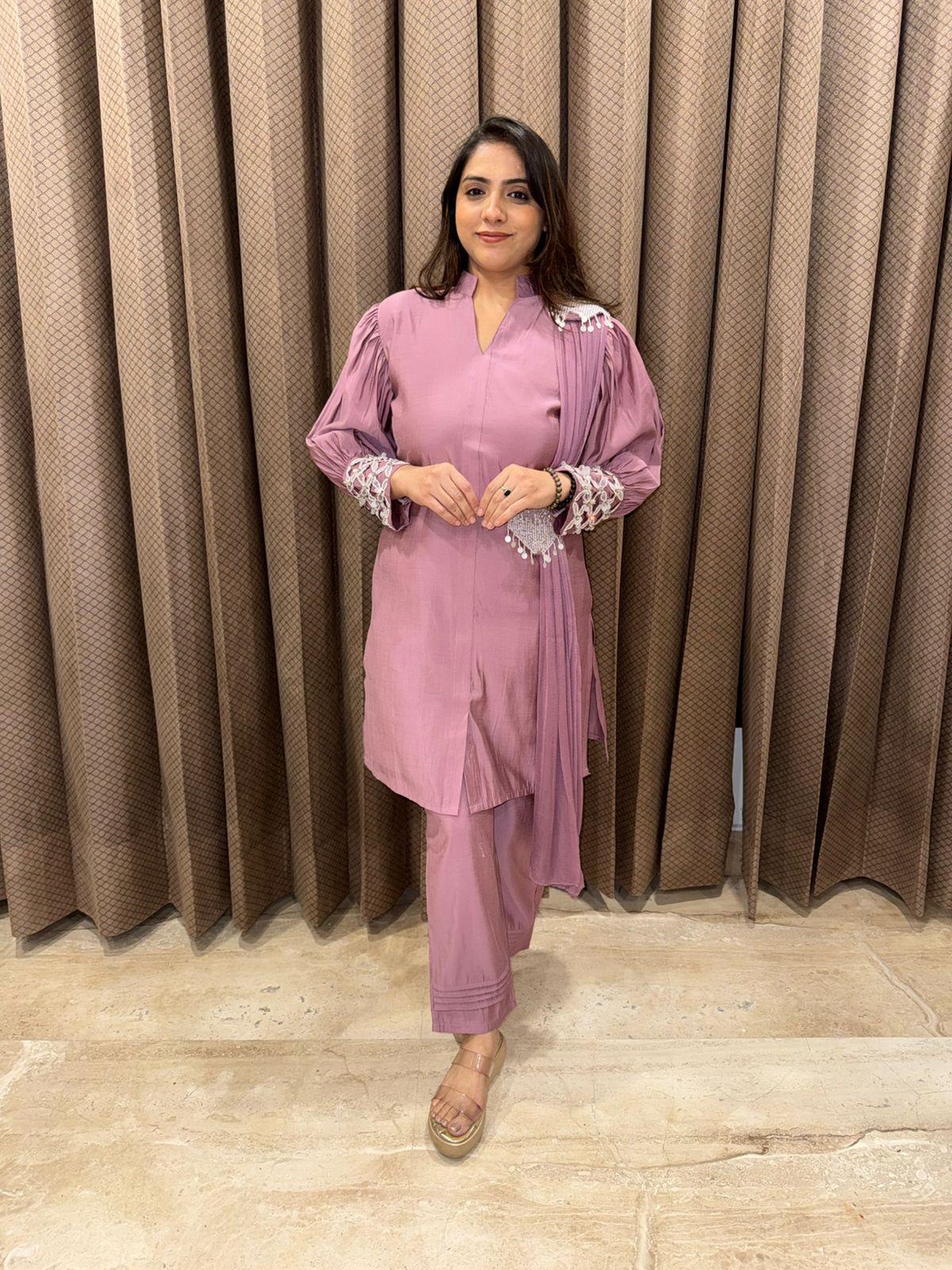 Mauve Co-ord Set with Embroidered Sleeves and Dupatta