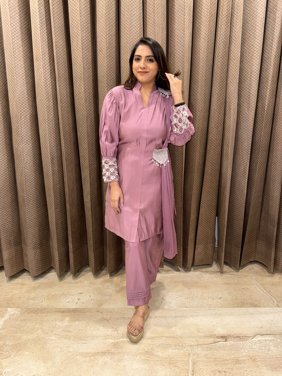 Mauve Co-ord Set with Embroidered Sleeves and Dupatta