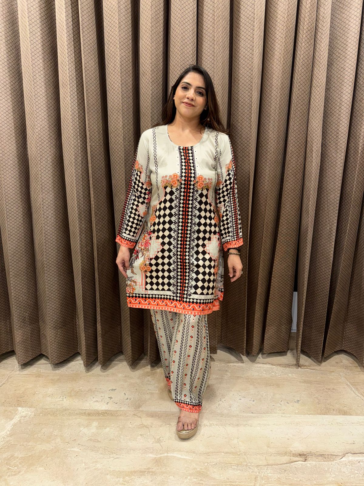 Cream & Black Printed Co-ord Suit with Orange Accents