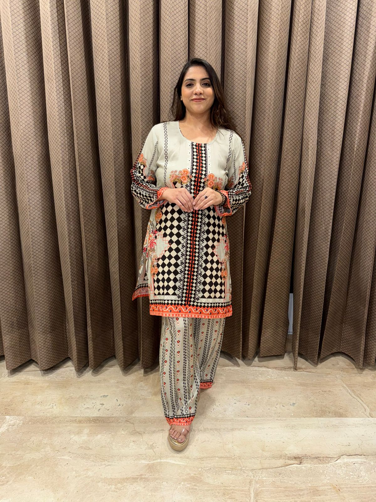 Cream & Black Printed Co-ord Suit with Orange Accents