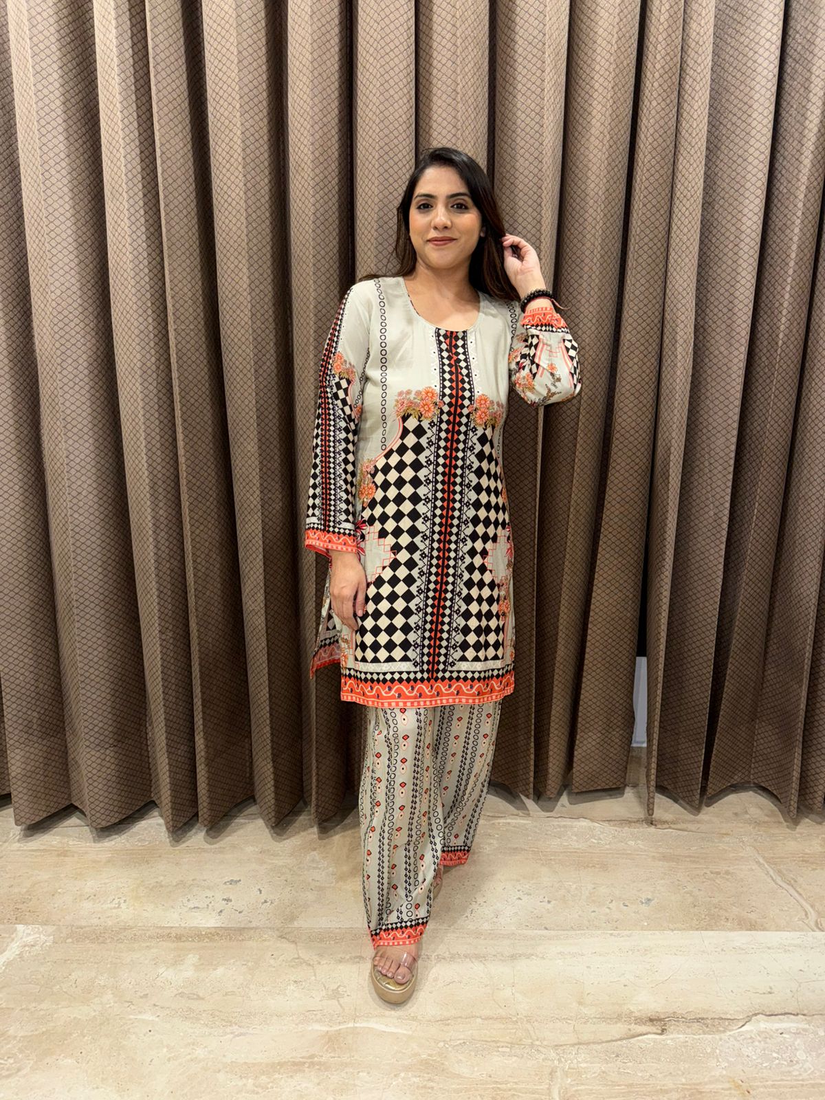 Cream & Black Printed Co-ord Suit with Orange Accents