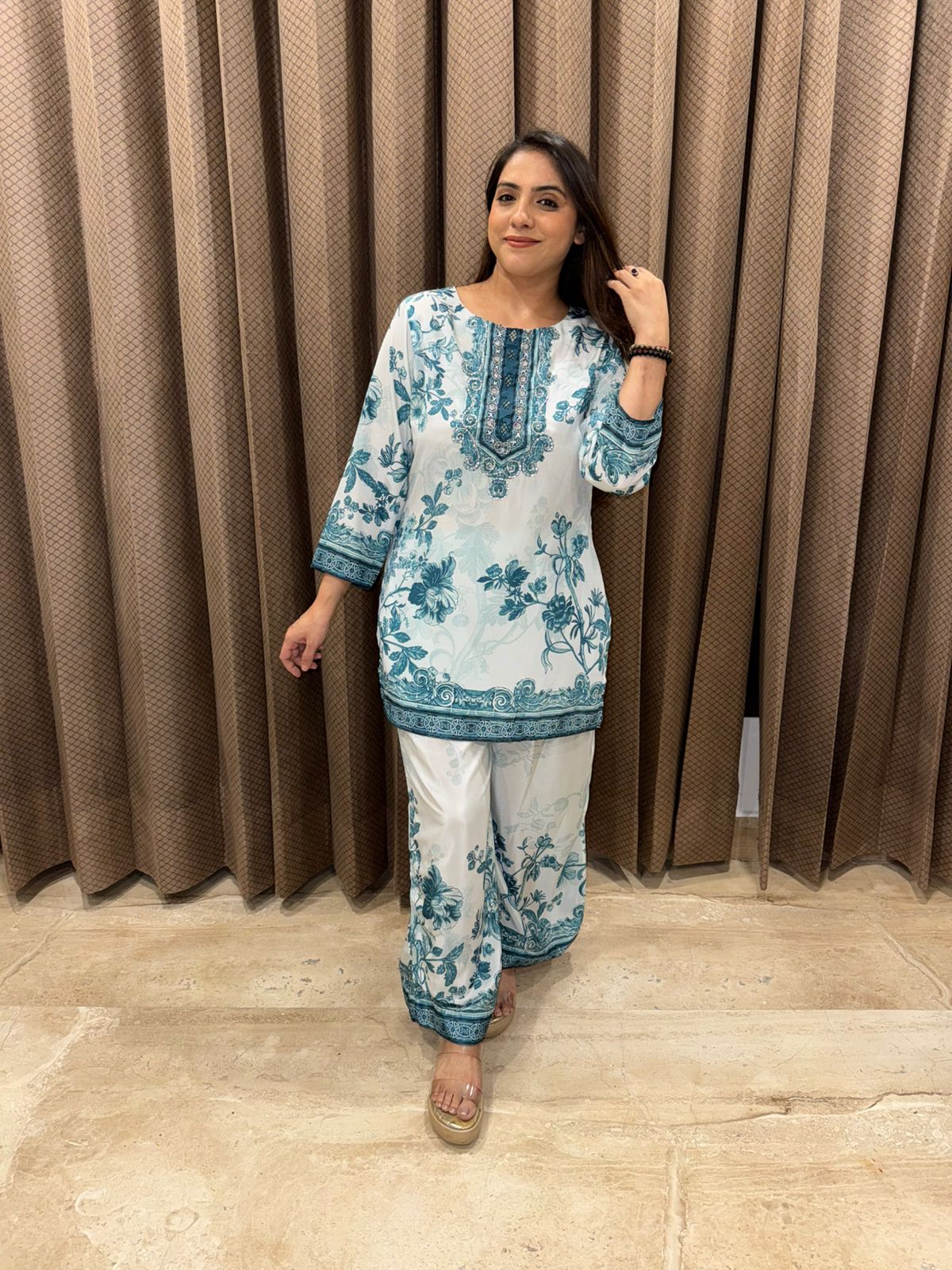 White & Teal Floral Printed Co-ord with Embroidered Neckline