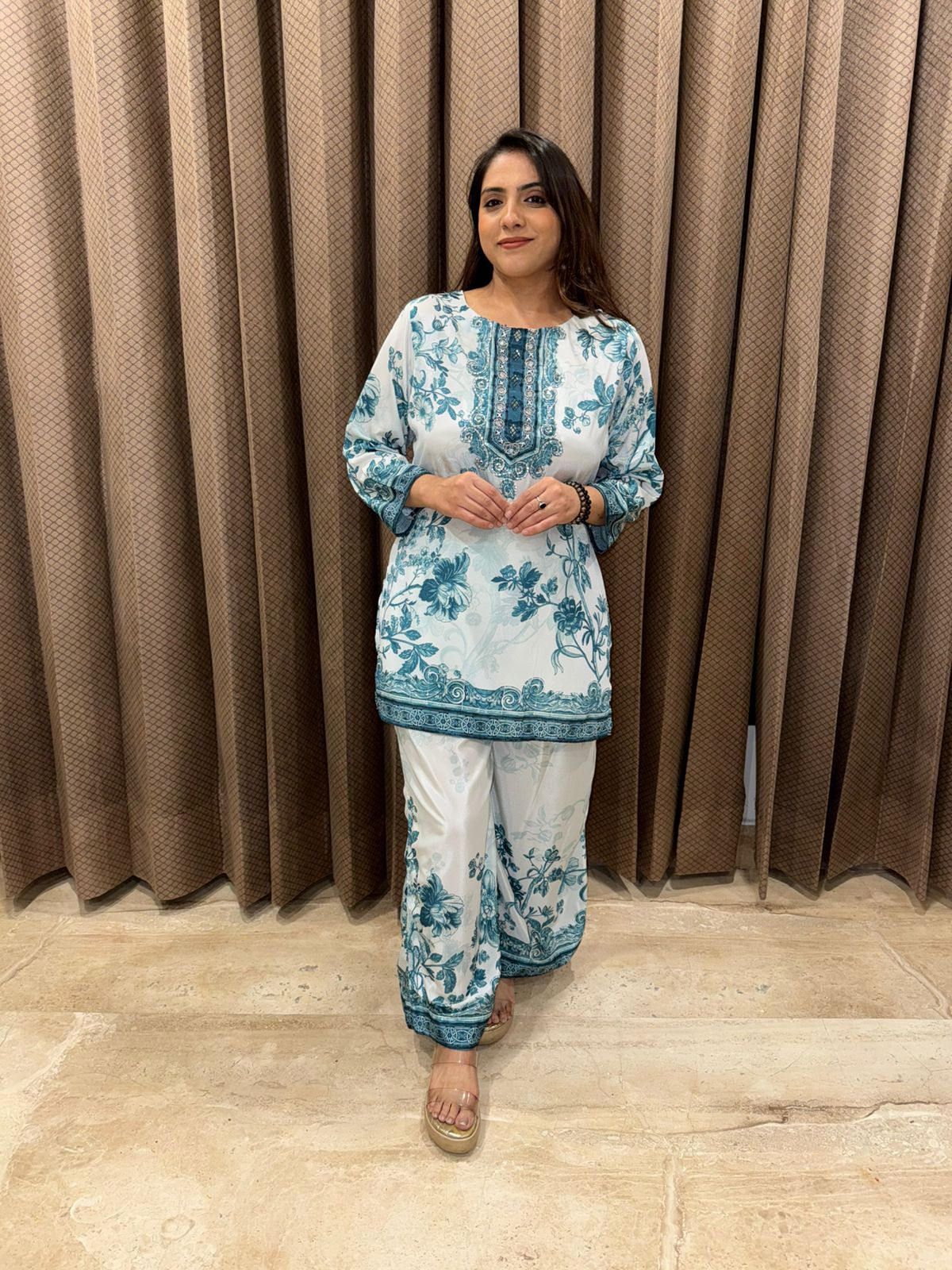 White & Teal Floral Printed Co-ord with Embroidered Neckline