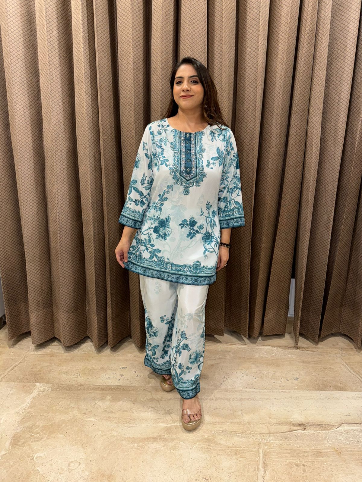 White & Teal Floral Printed Co-ord with Embroidered Neckline