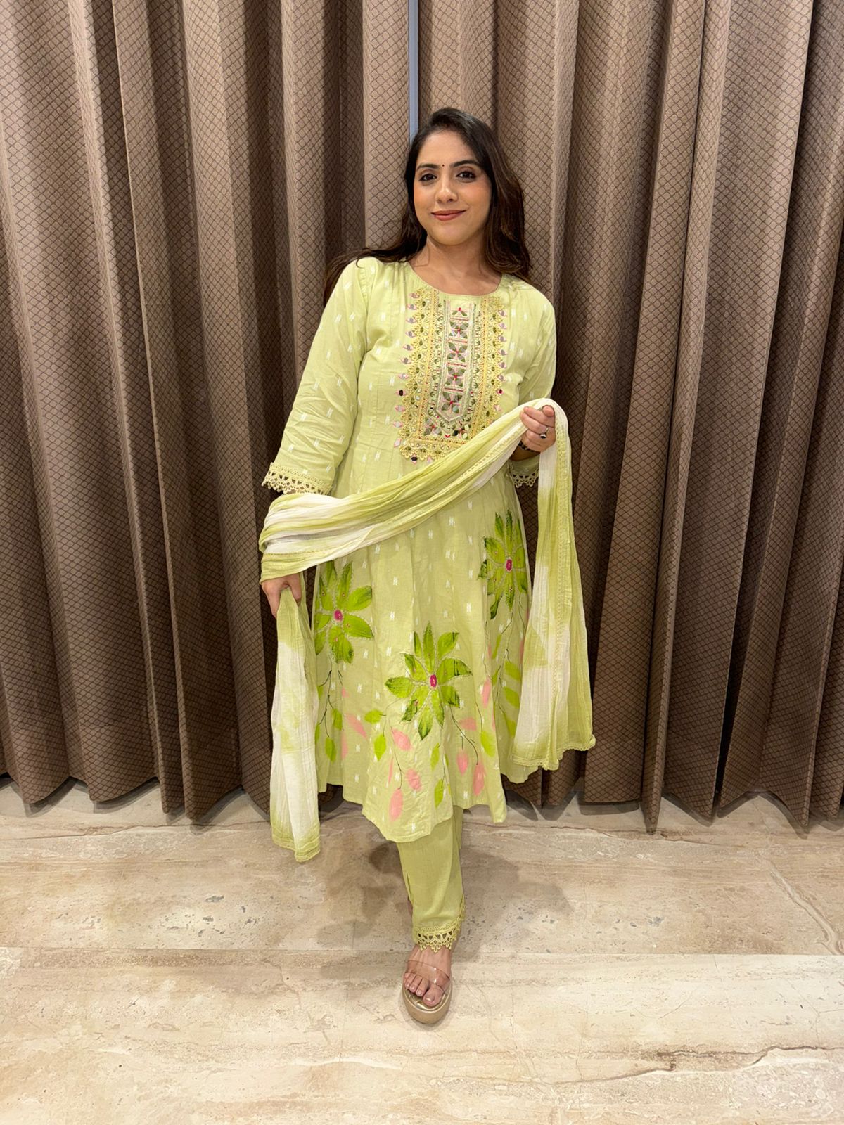Pastel Lime Green Embroidered Kurta Set with Floral Print and Dupatta