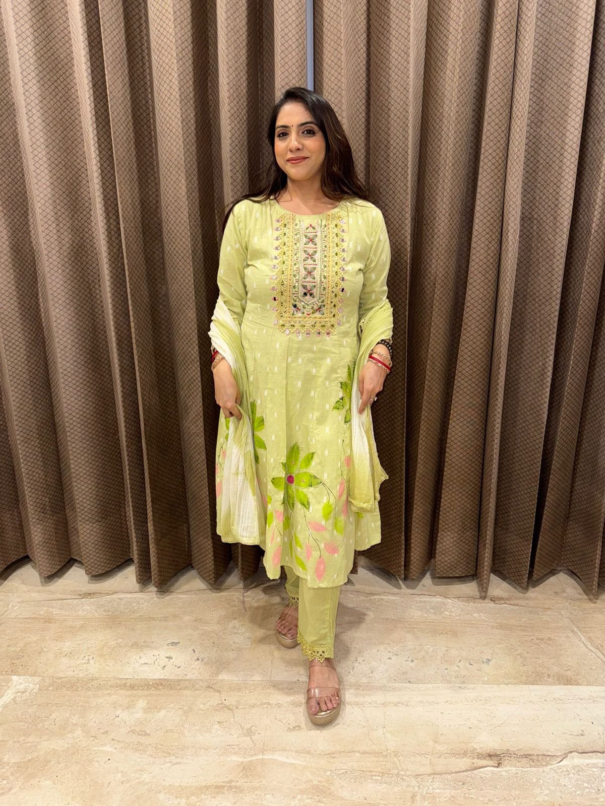 Pastel Lime Green Embroidered Kurta Set with Floral Print and Dupatta
