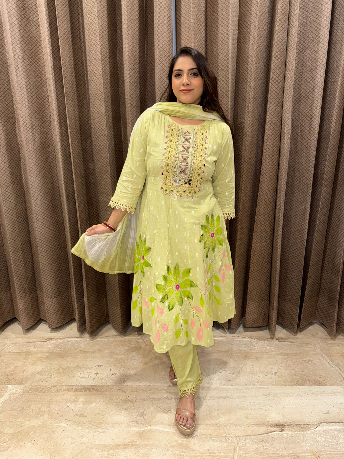 Pastel Lime Green Embroidered Kurta Set with Floral Print and Dupatta