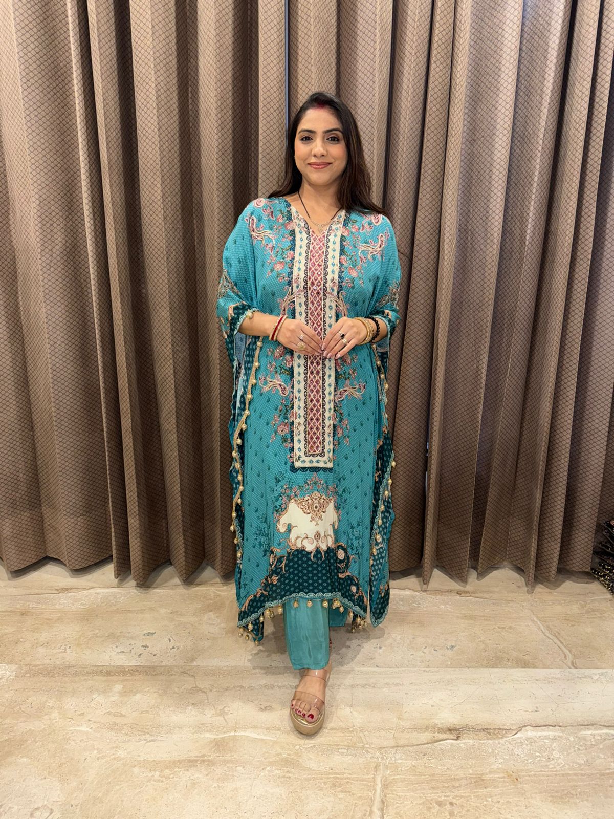 Teal Blue Printed Kaftan with Ethnic Motifs and Tassel Detailing