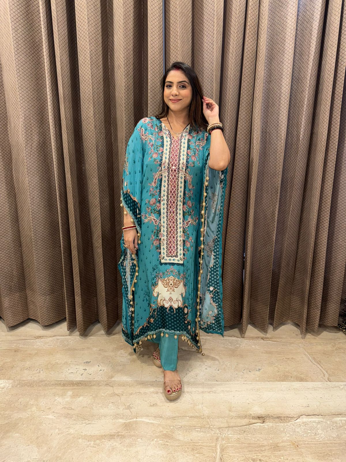 Teal Blue Printed Kaftan with Ethnic Motifs and Tassel Detailing