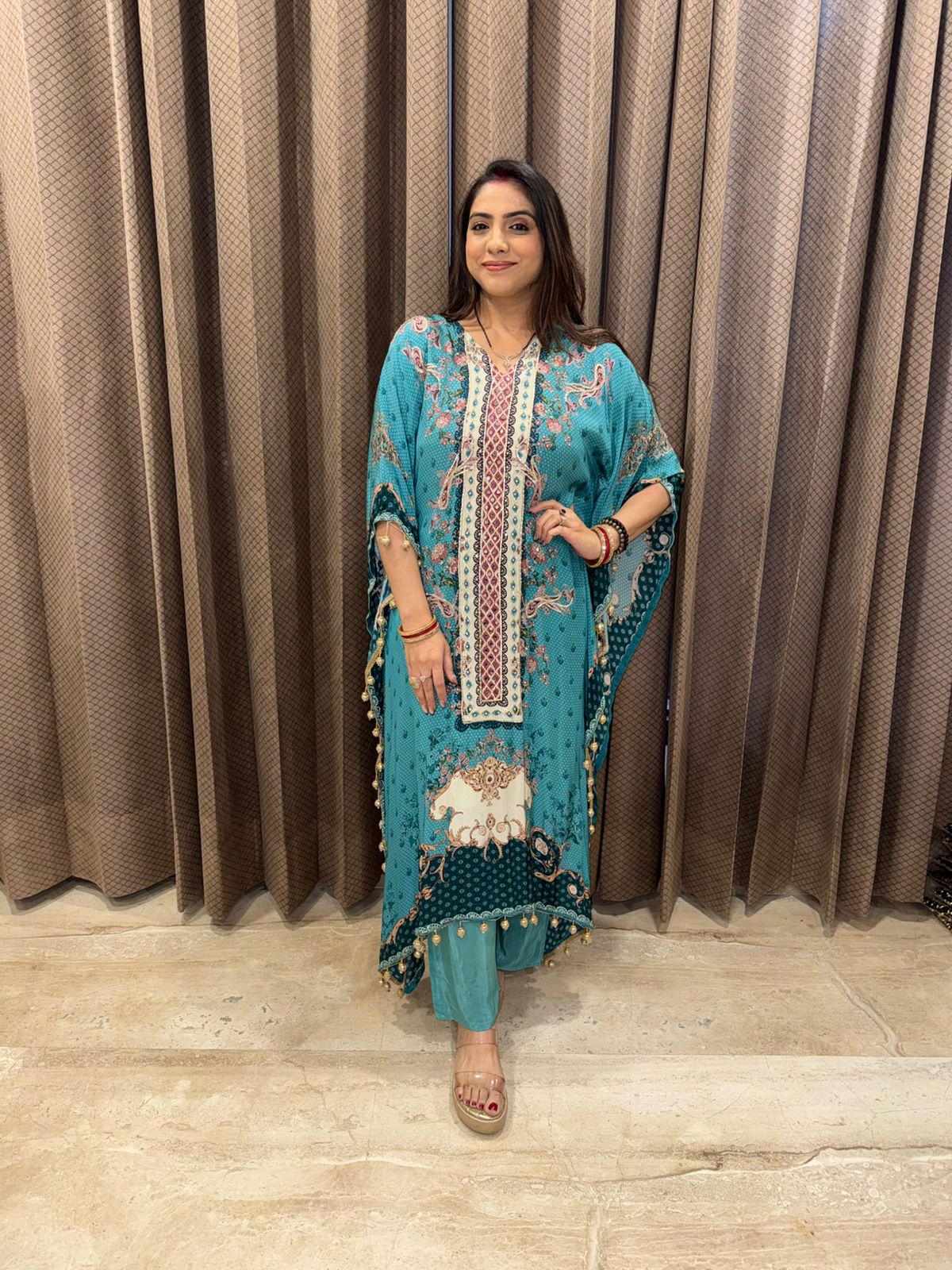 Teal Blue Printed Kaftan with Ethnic Motifs and Tassel Detailing