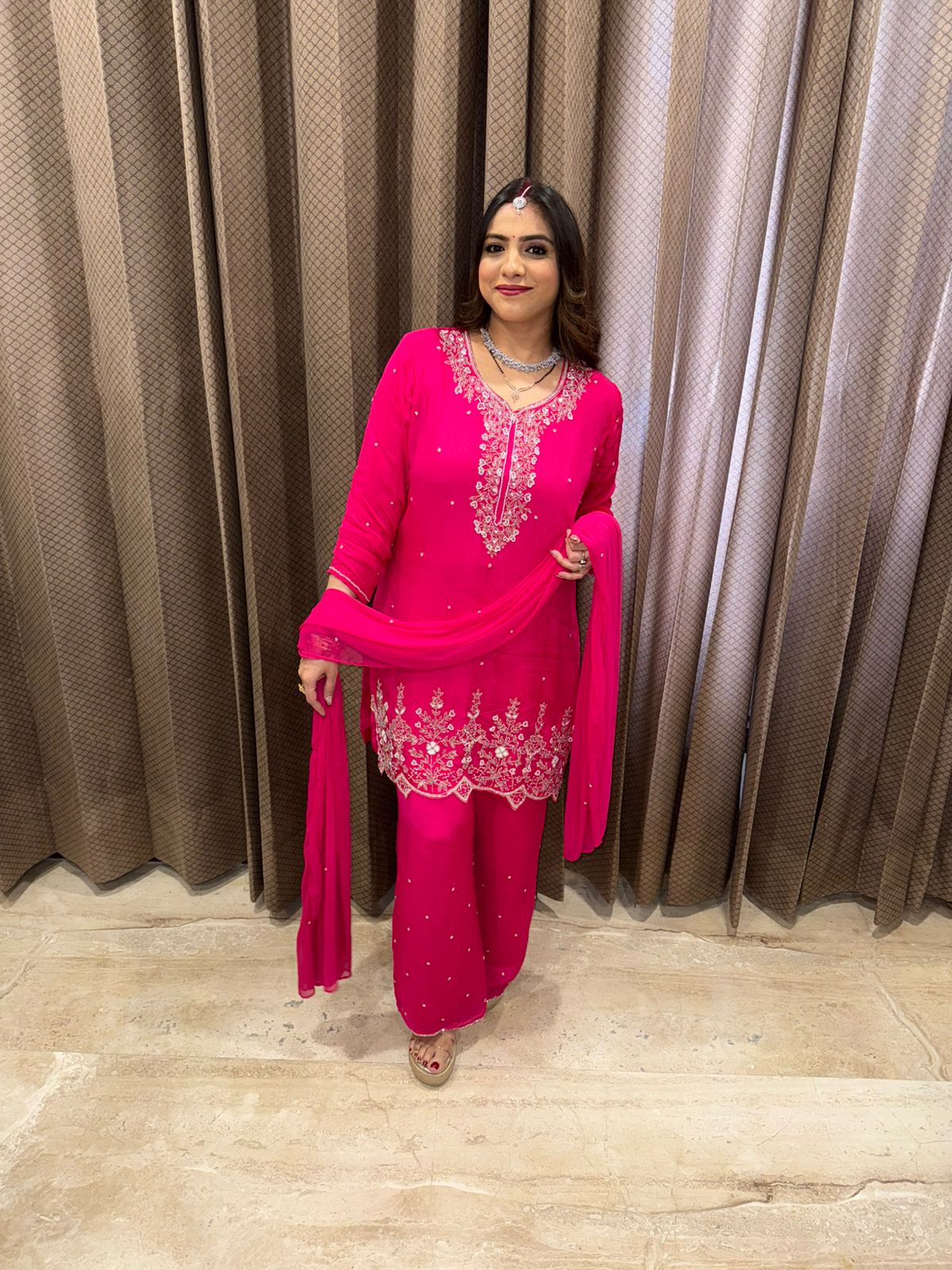 Hot Pink Embroidered Hand Work Straight Kurta Set with Palazzo
