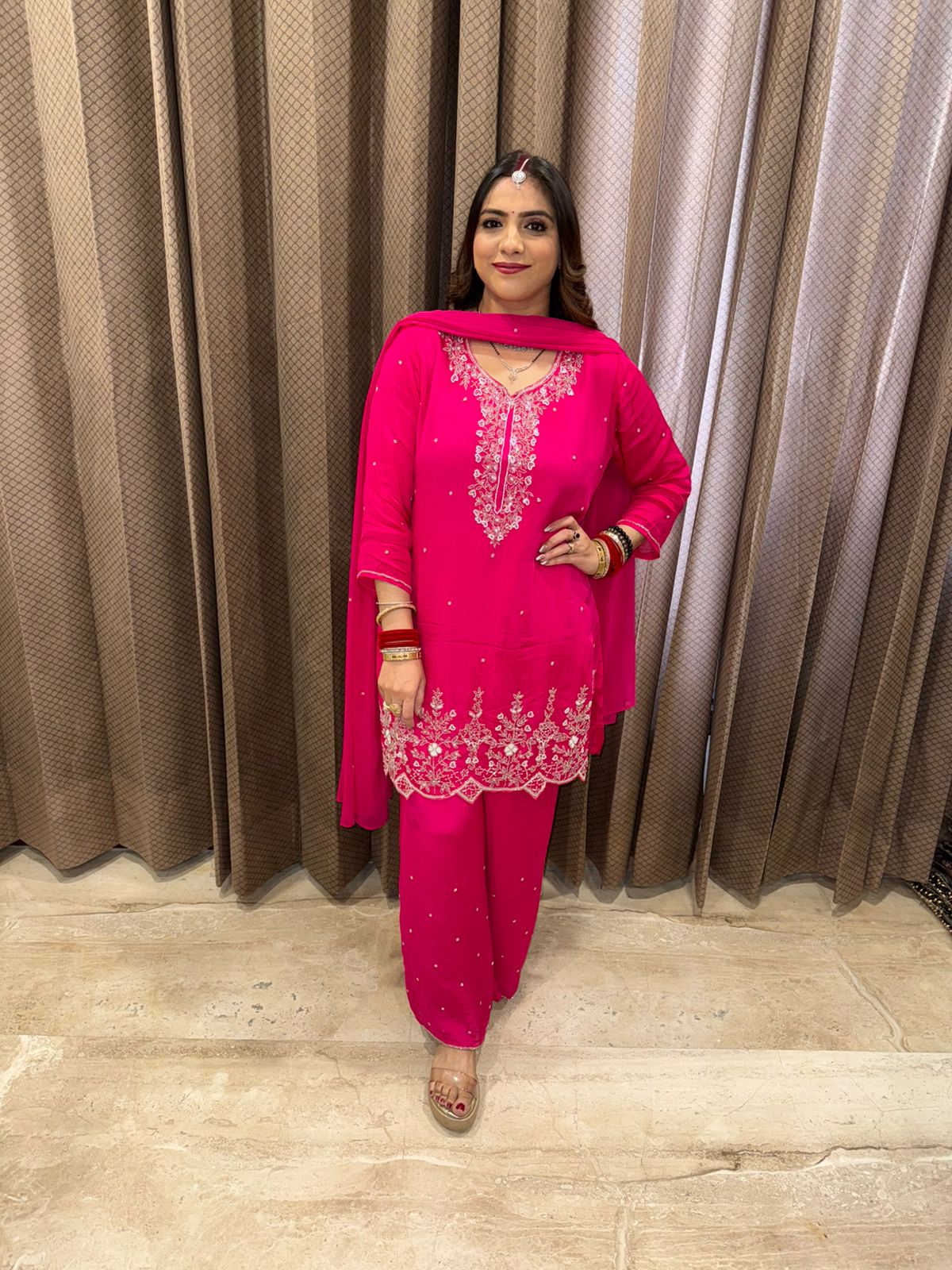Hot Pink Embroidered Hand Work Straight Kurta Set with Palazzo
