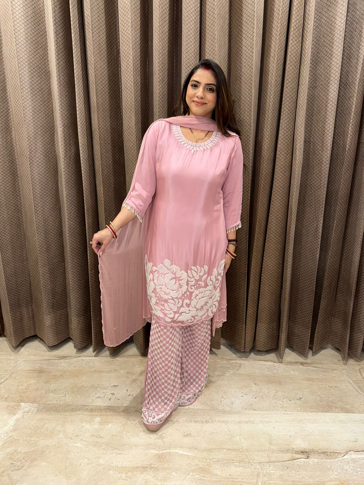 Dusty Pink Embroidered Straight Kurta Set with Bell Botts