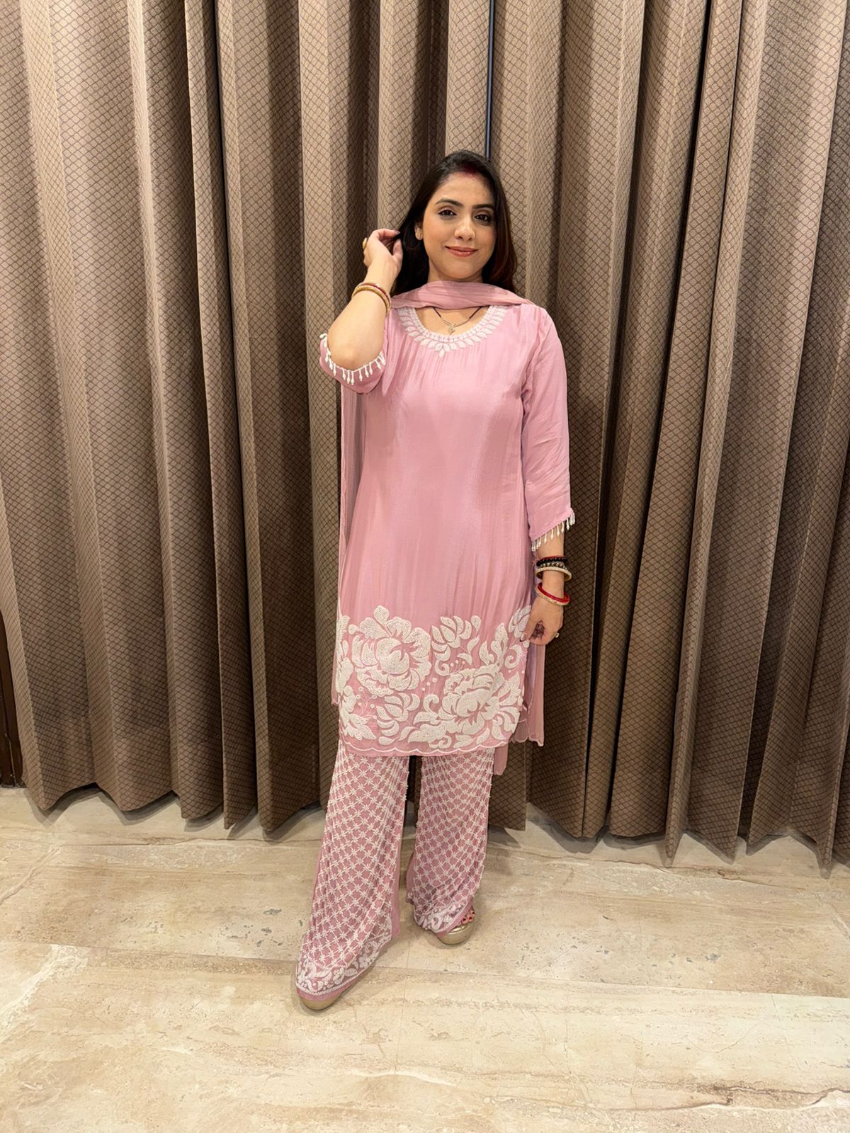 Dusty Pink Embroidered Straight Kurta Set with Bell Botts