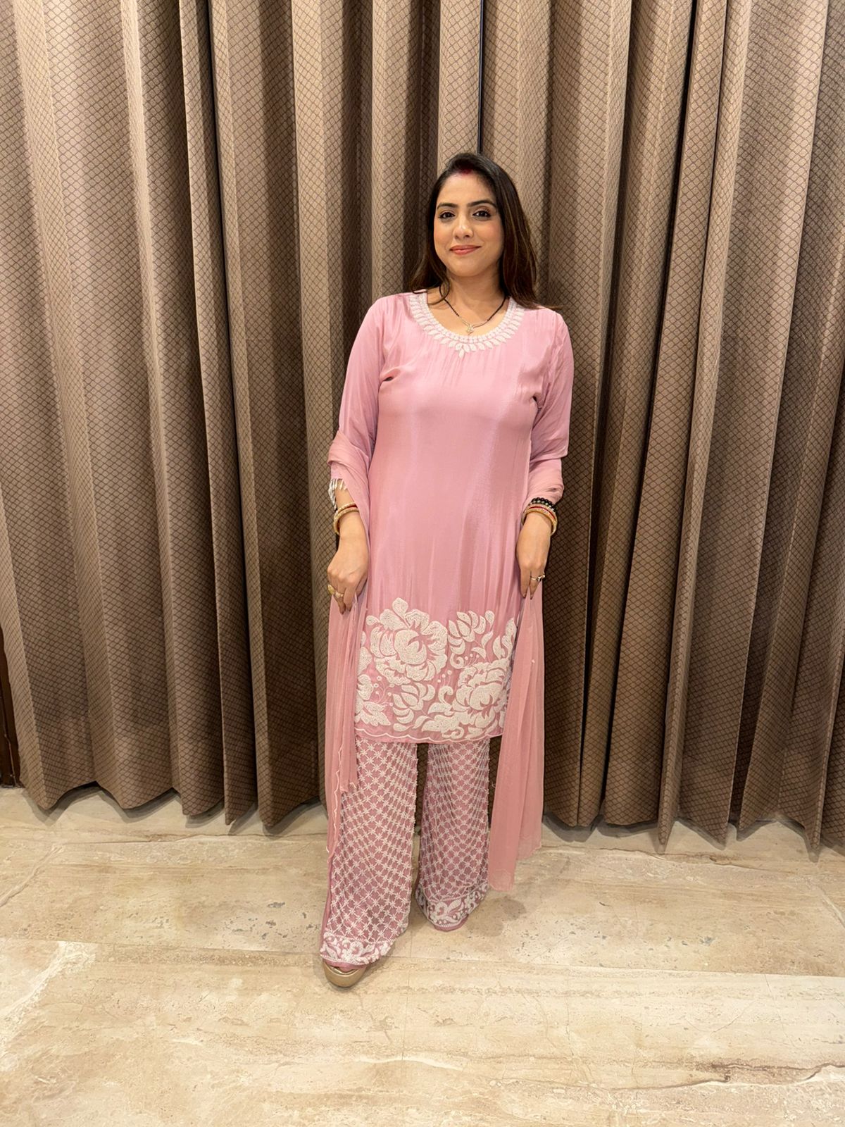 Dusty Pink Embroidered Straight Kurta Set with Bell Botts
