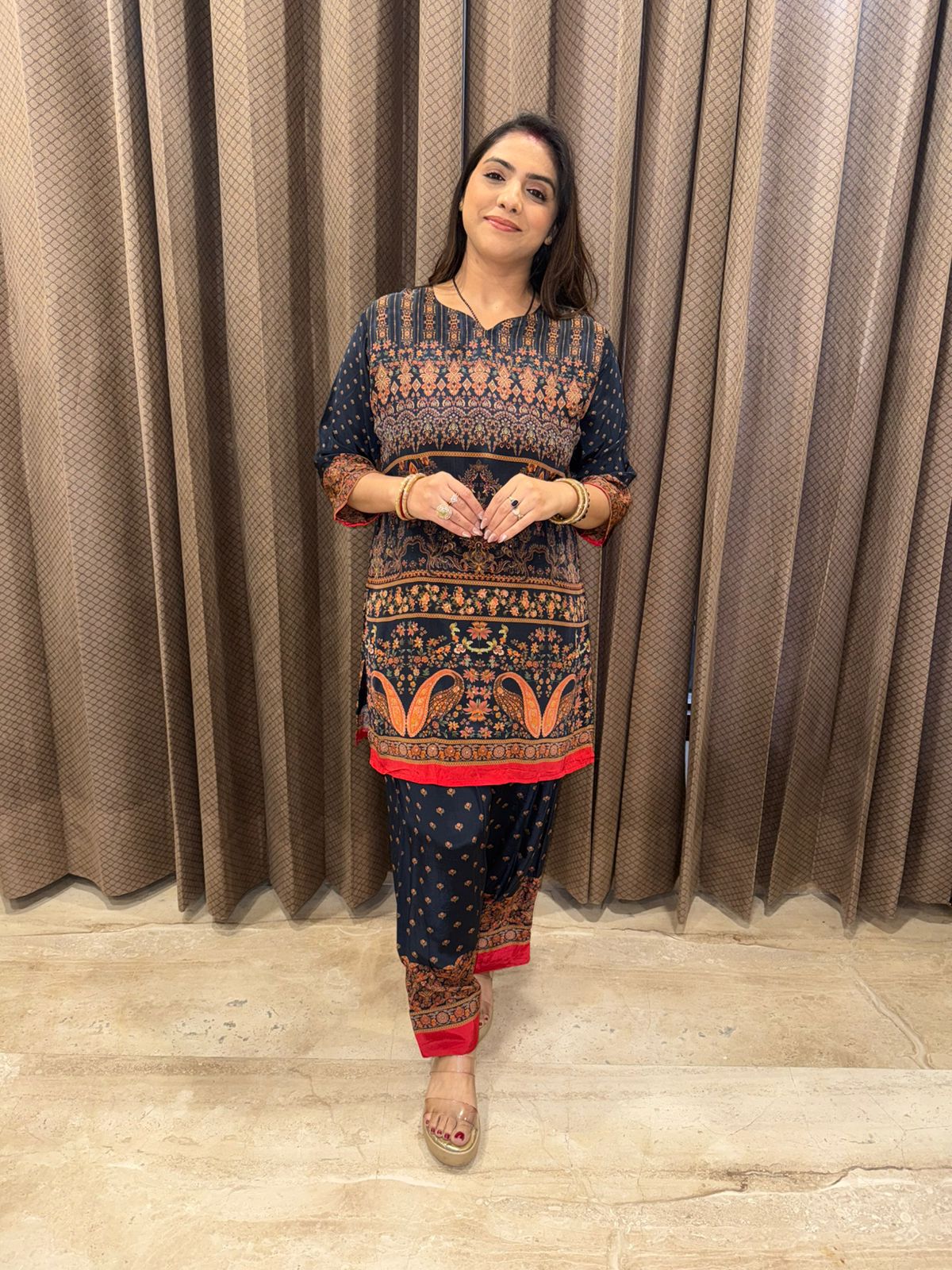 Navy Blue Ethnic Print Straight Co-ord Set