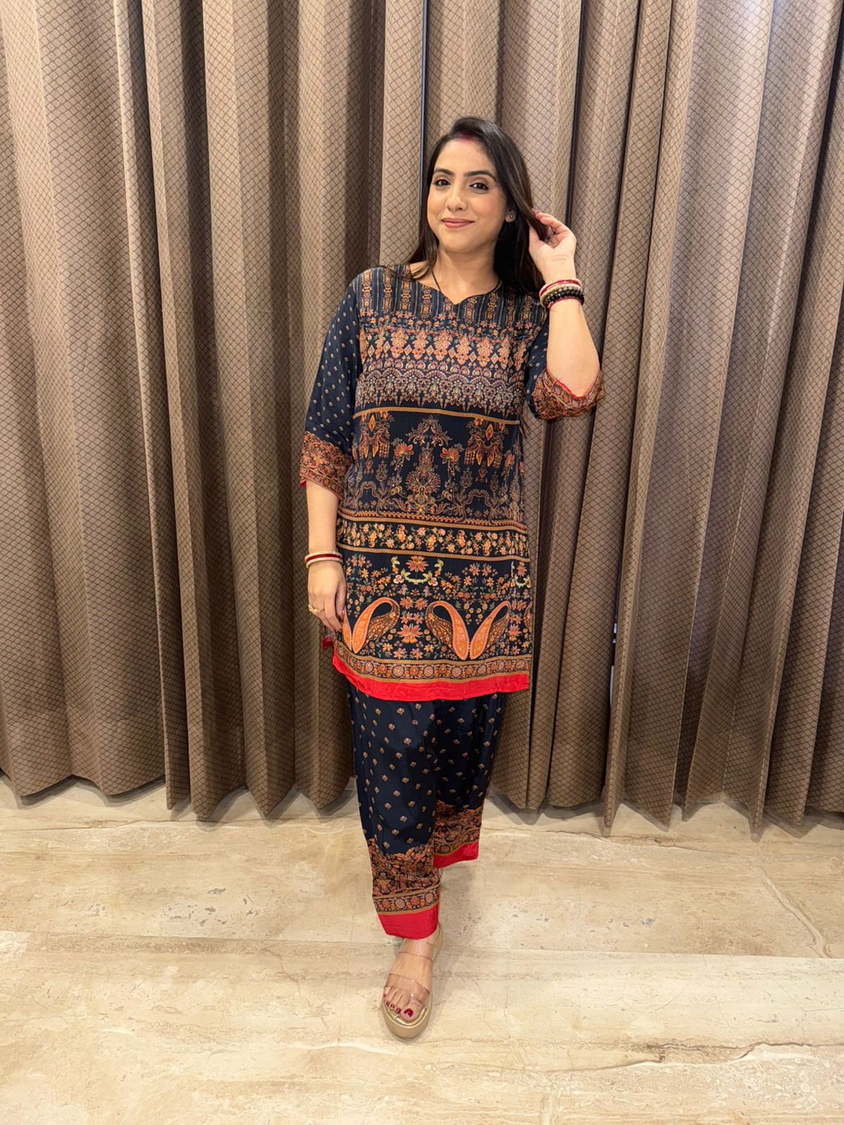 Navy Blue Ethnic Print Straight Co-ord Set