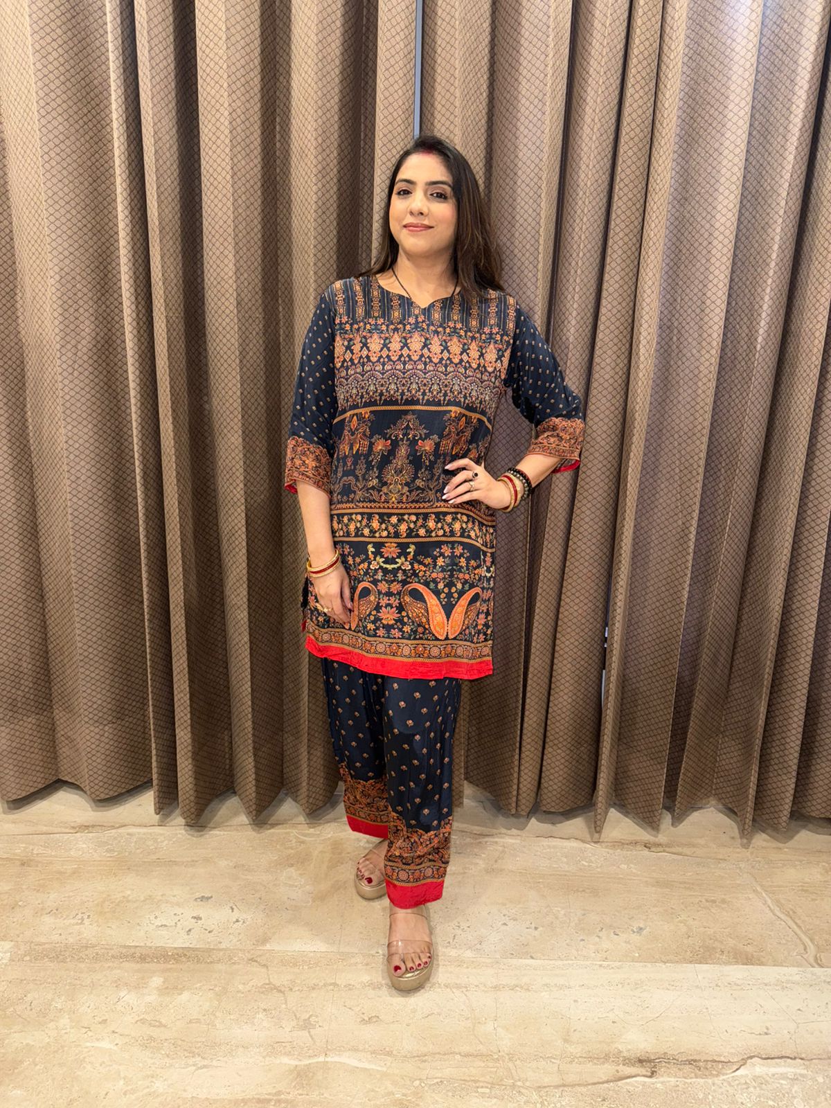 Navy Blue Ethnic Print Straight Co-ord Set