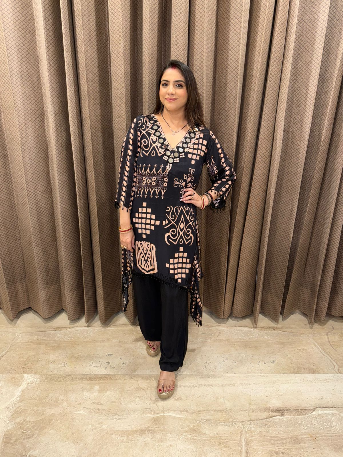 Black Geometric Printed Co-ord Set with Mirror Work and Tassel Detailing