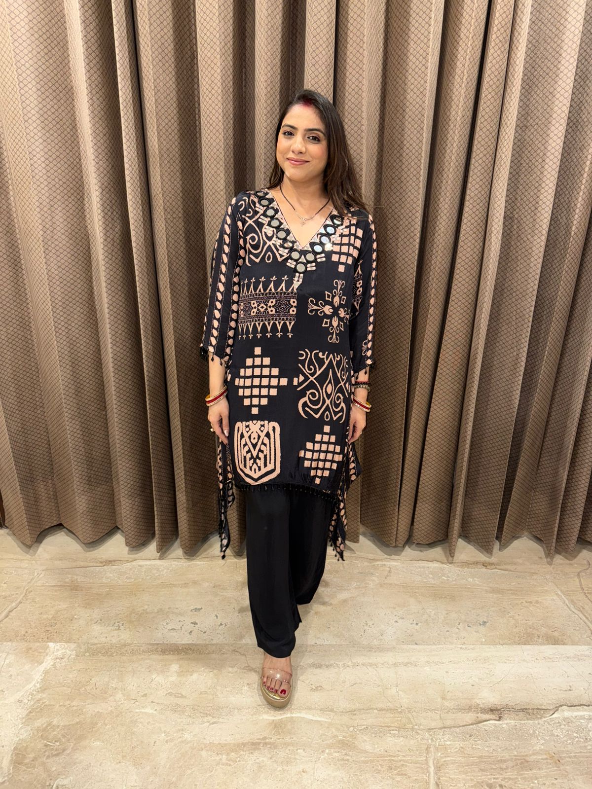 Black Geometric Printed Co-ord Set with Mirror Work and Tassel Detailing