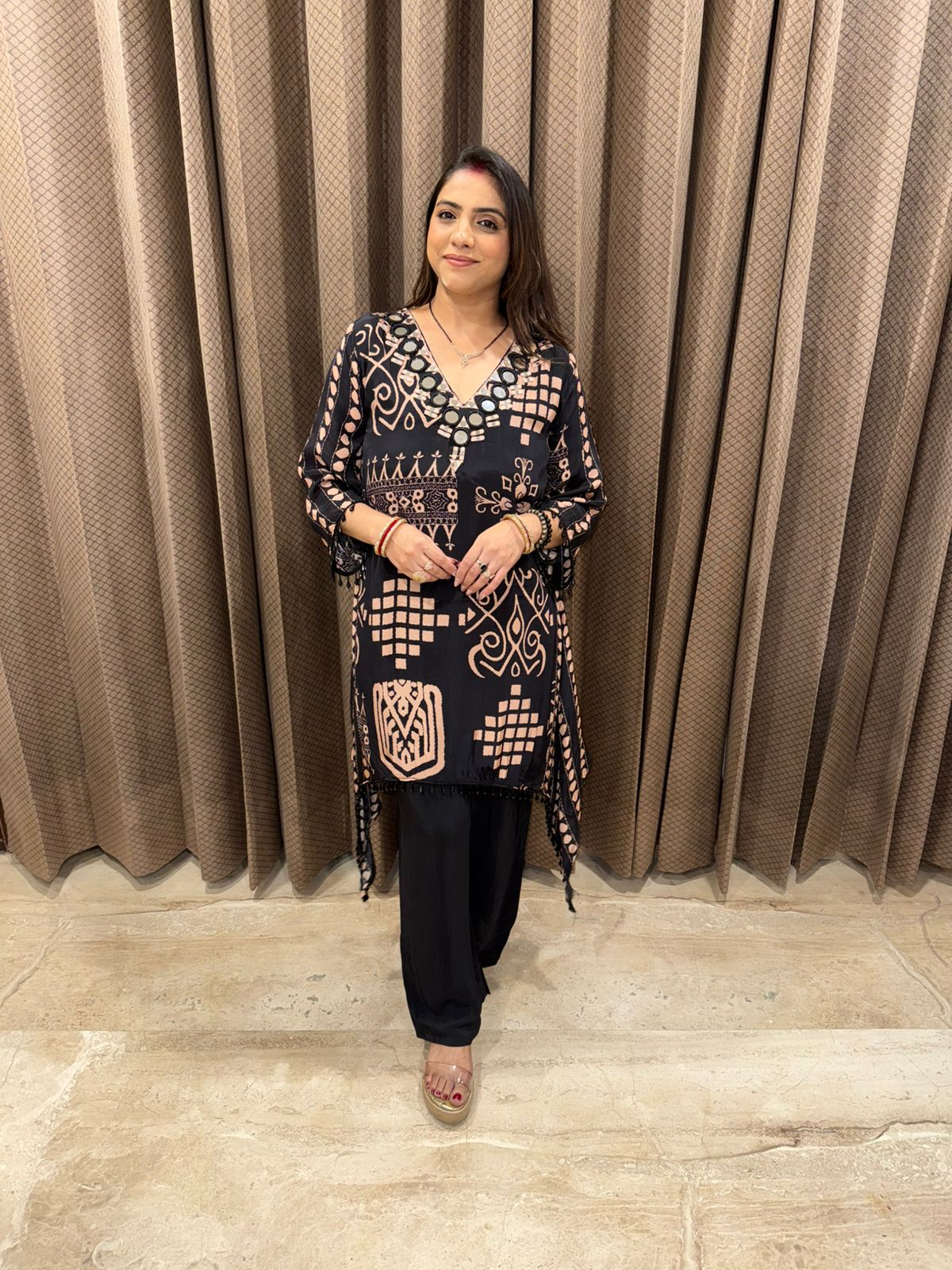 Black Geometric Printed Co-ord Set with Mirror Work and Tassel Detailing