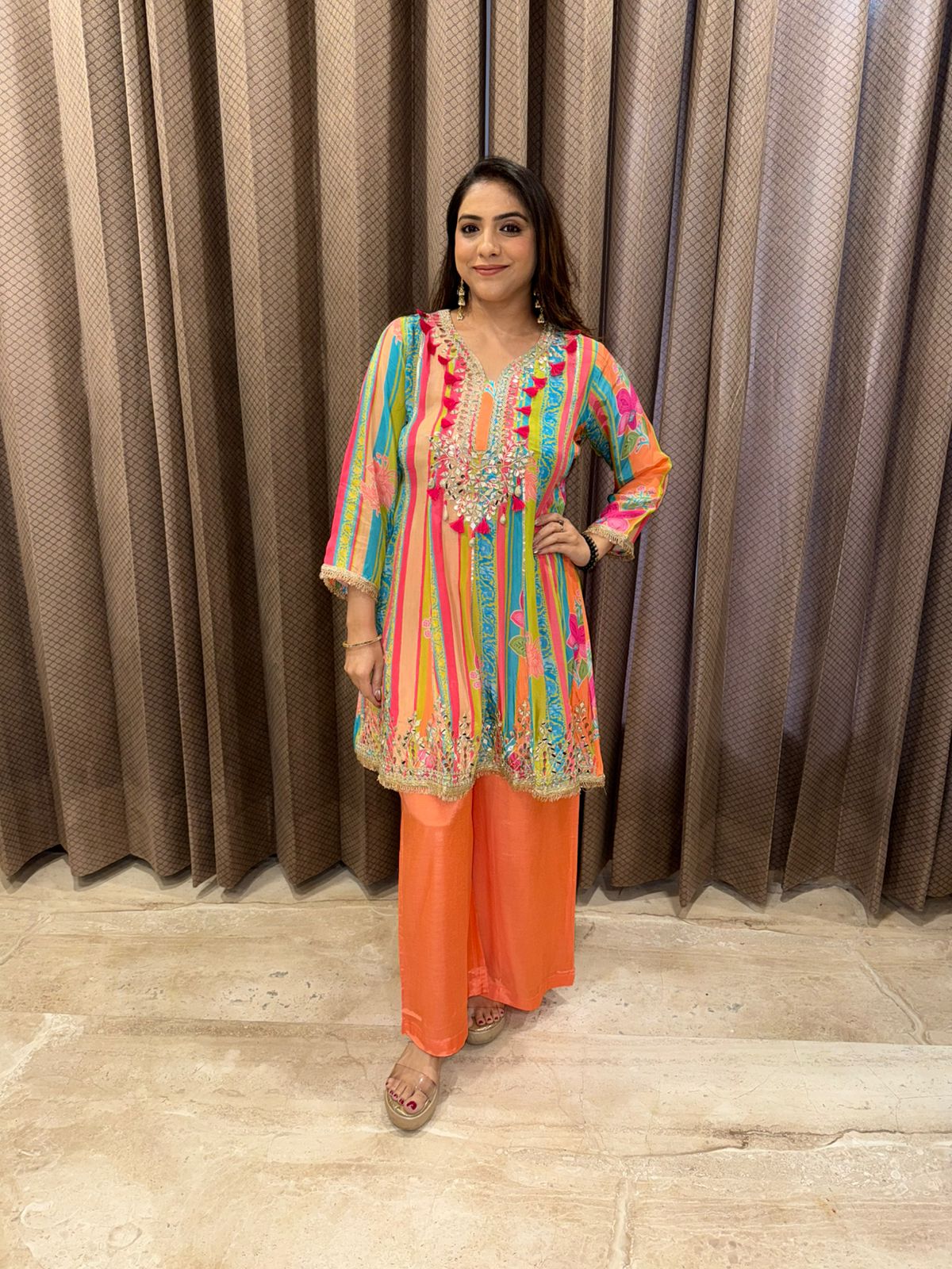 Multicolor Mirror Work Short Kurta with Orange Palazzo Set