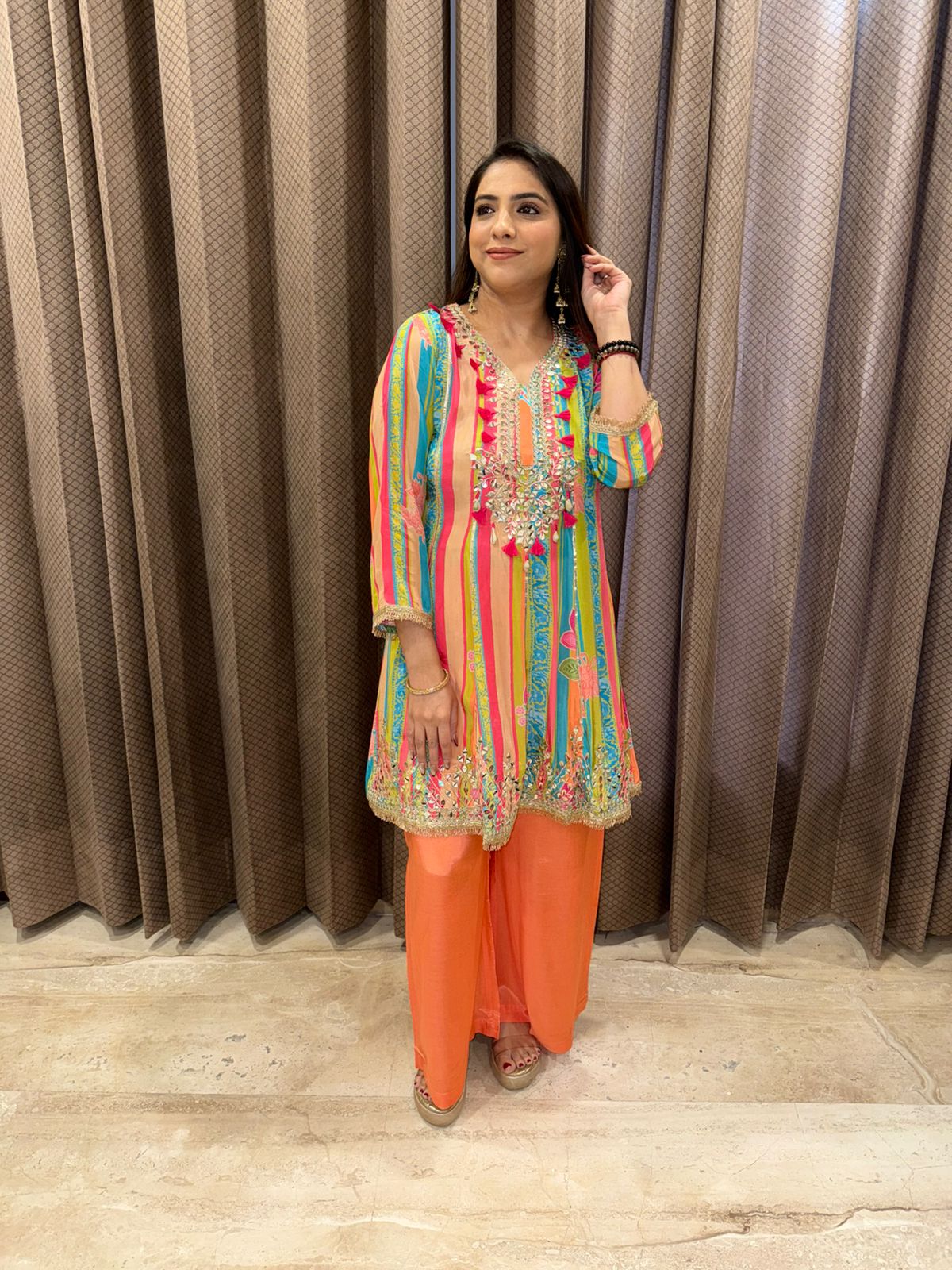 Multicolor Mirror Work Short Kurta with Orange Palazzo Set