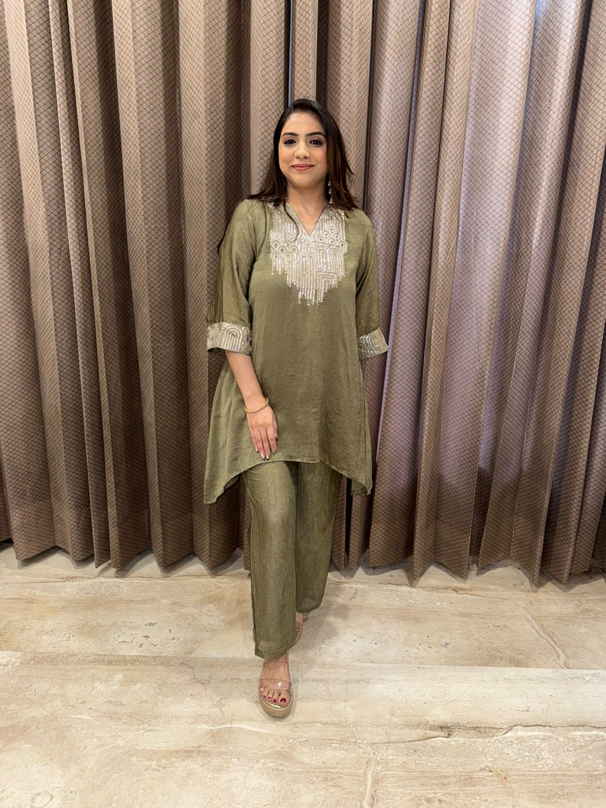 Olive Green Embroidered Asymmetric Co-ord Set