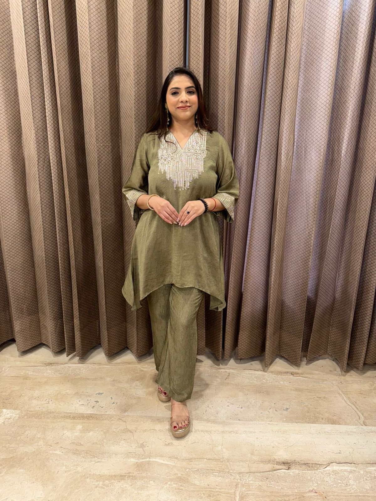 Olive Green Embroidered Asymmetric Co-ord Set