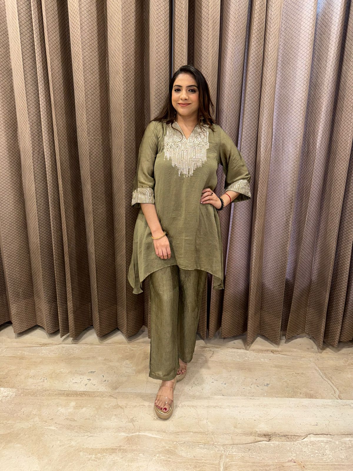 Olive Green Embroidered Asymmetric Co-ord Set