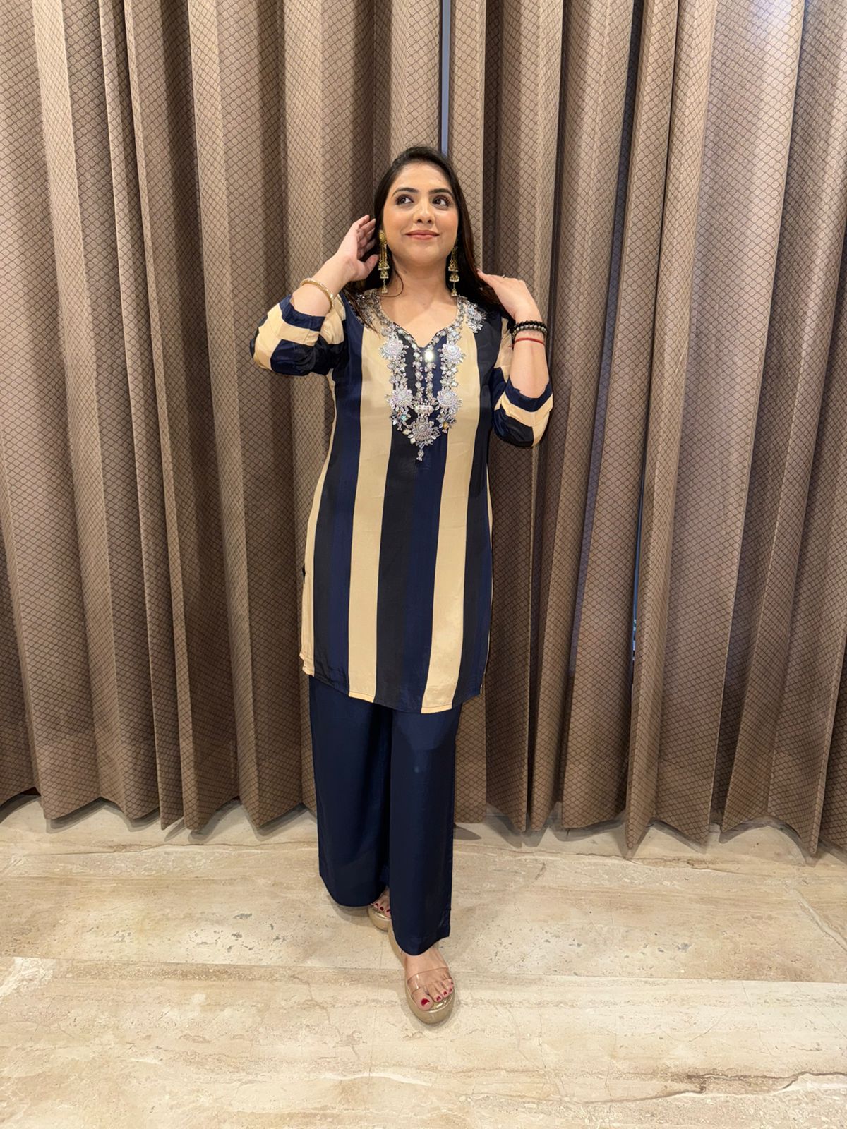 Navy & Beige Striped Embroidered Co-ord Set