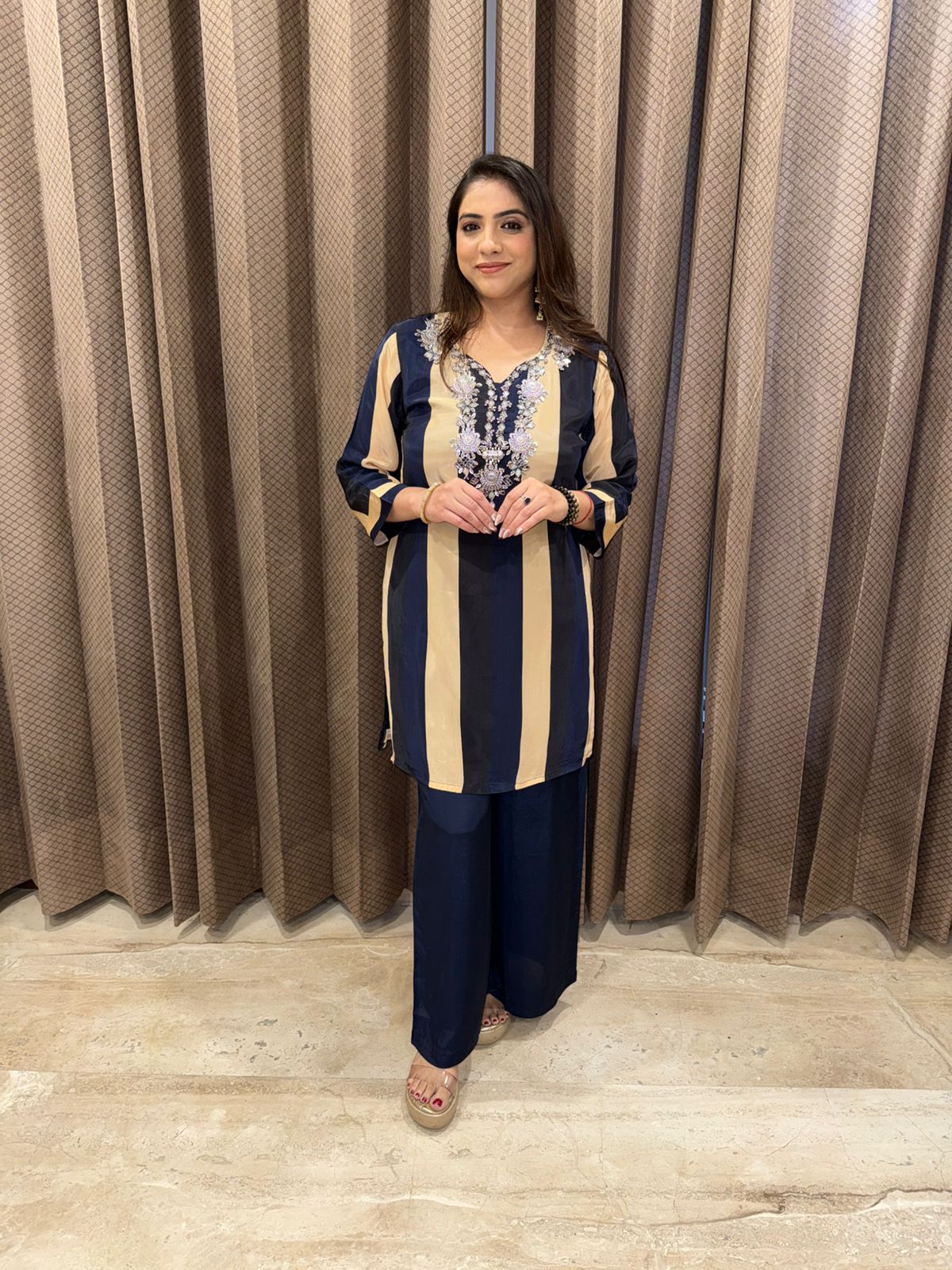 Navy & Beige Striped Embroidered Co-ord Set