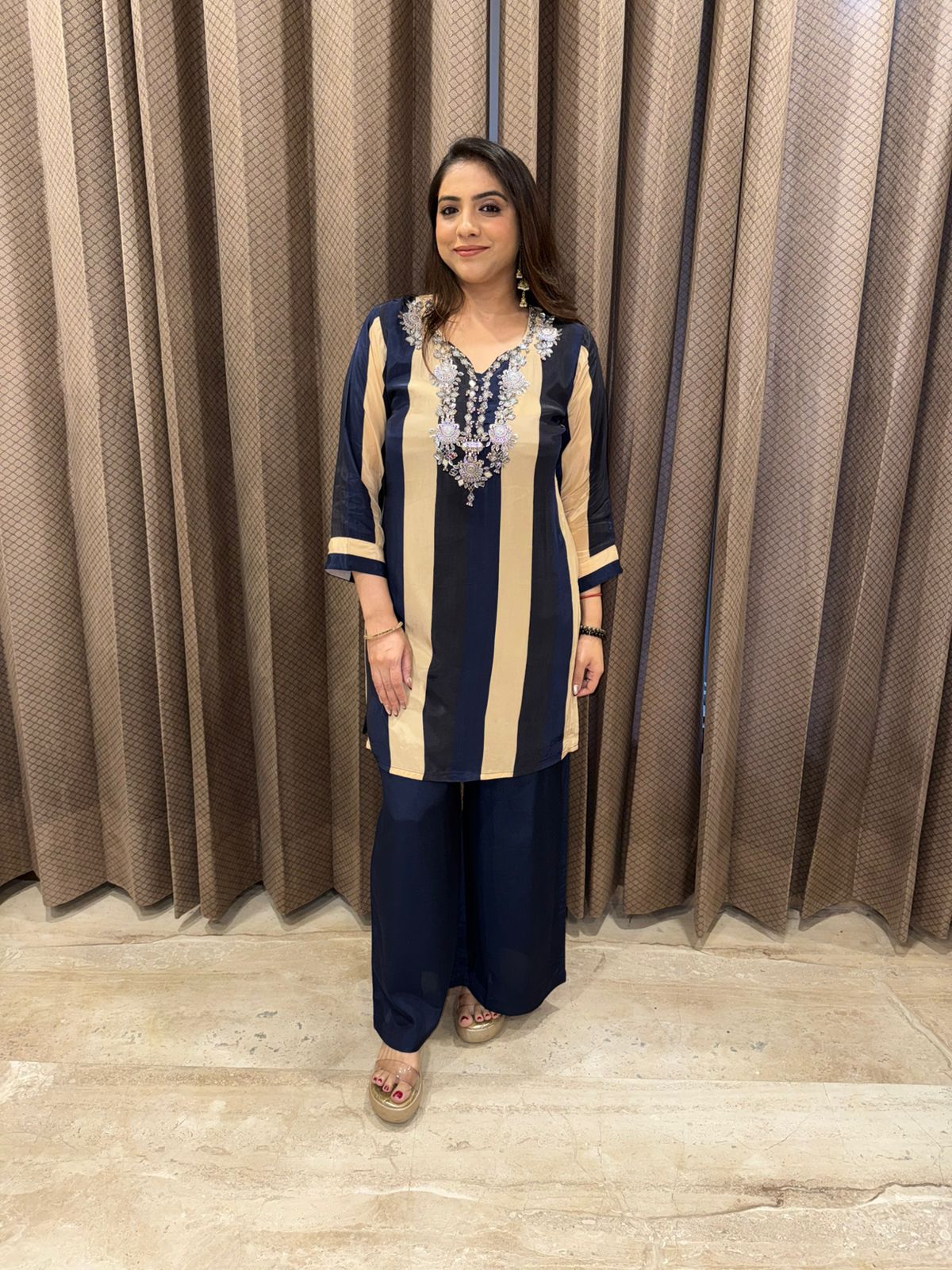 Navy & Beige Striped Embroidered Co-ord Set