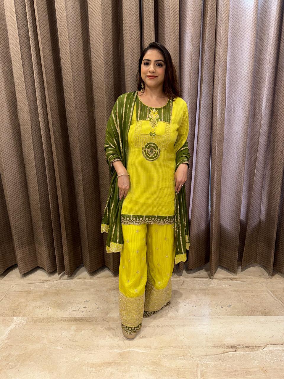 Lime Yellow & Olive Green Embroidered Kurta Set with Palazzo