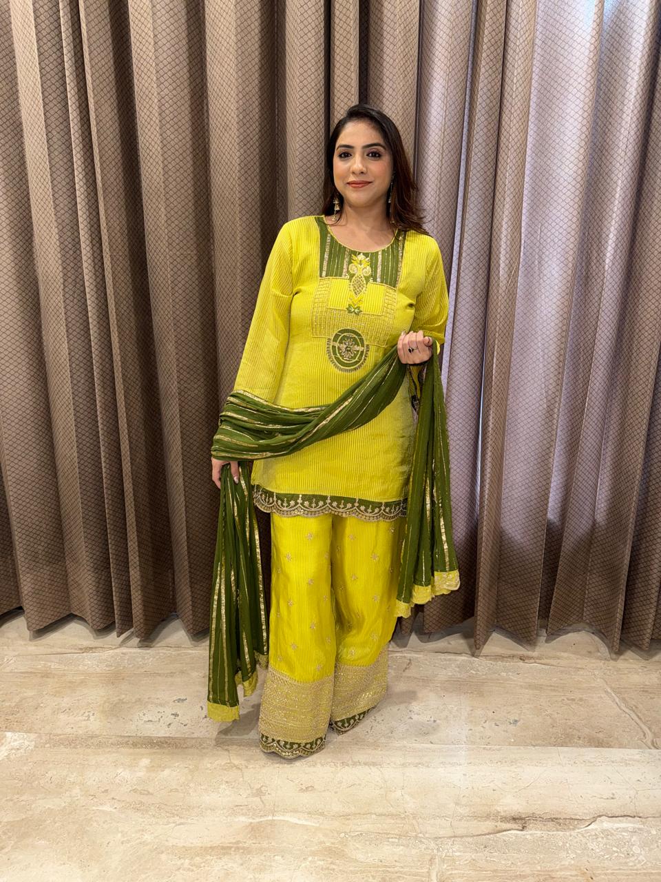 Lime Yellow & Olive Green Embroidered Kurta Set with Palazzo