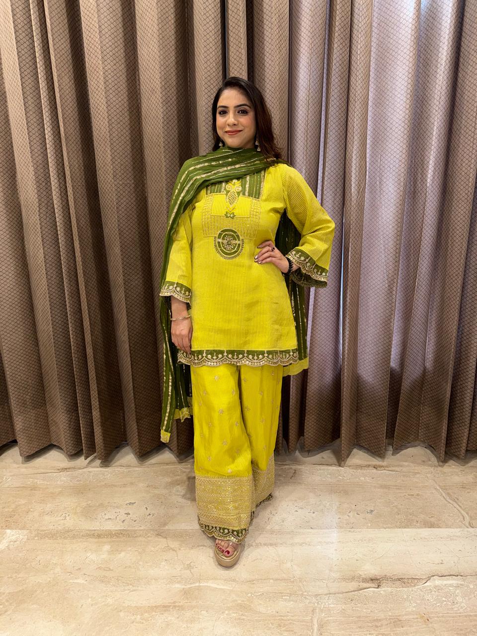 Lime Yellow & Olive Green Embroidered Kurta Set with Palazzo