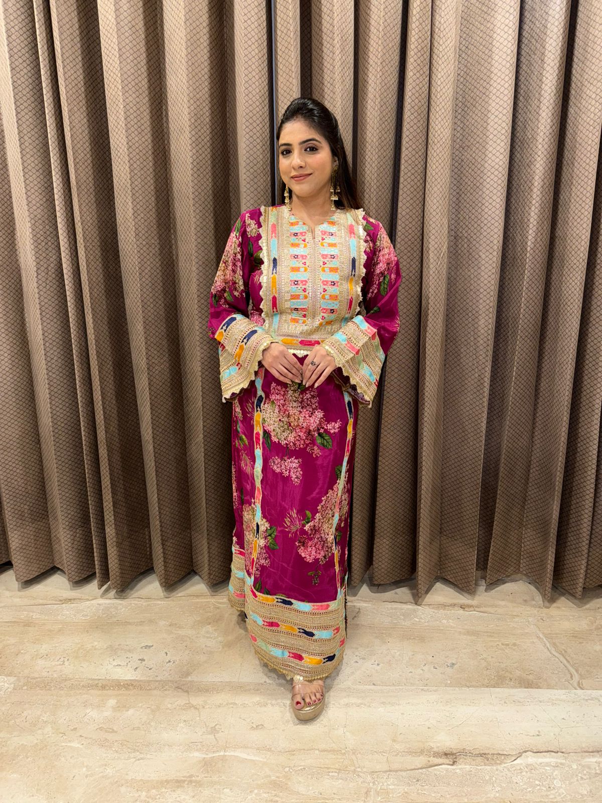 Wine Floral Printed Dress with Embroidered Neckline and Bell Sleeves