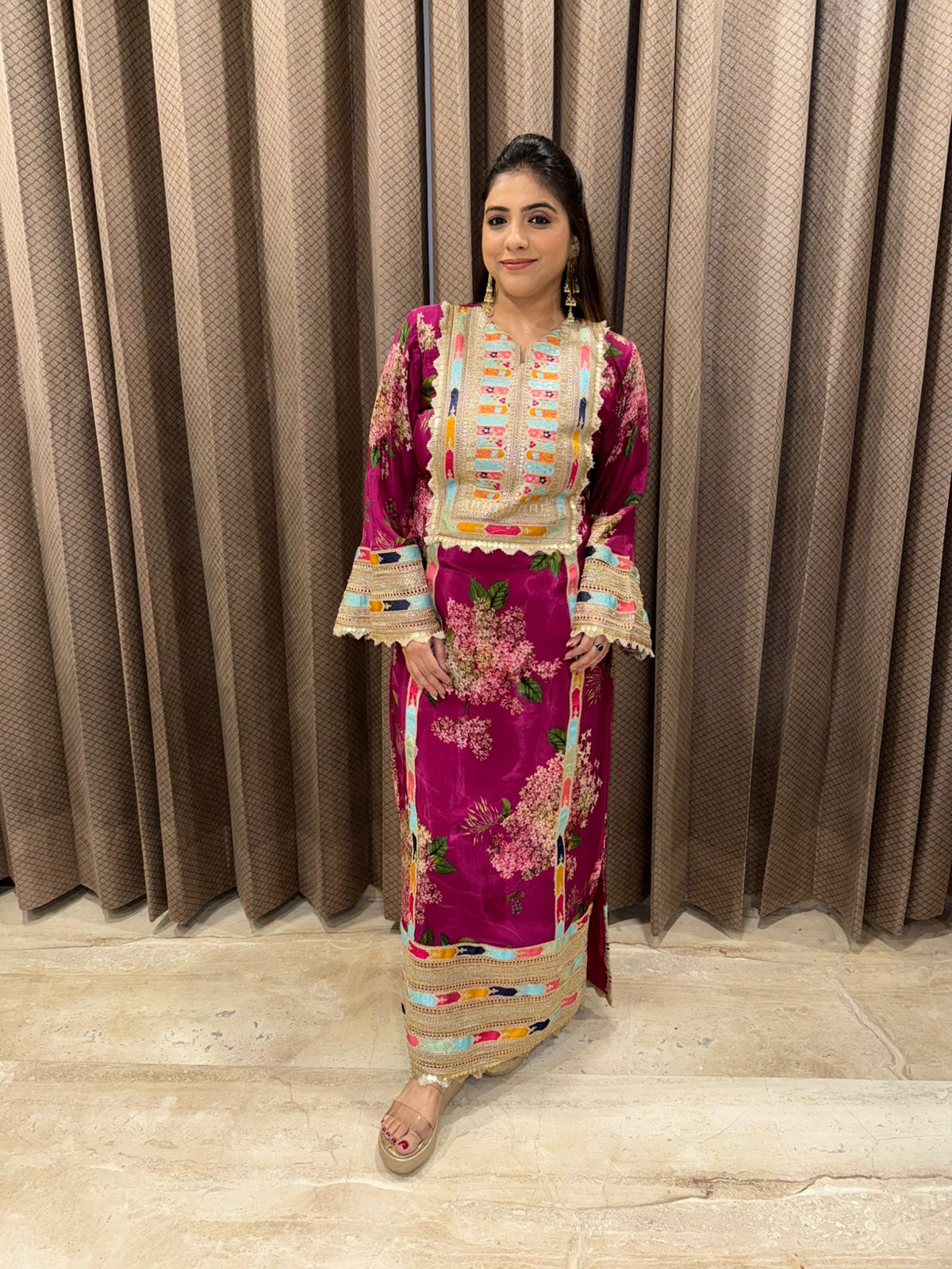 Wine Floral Printed Dress with Embroidered Neckline and Bell Sleeves